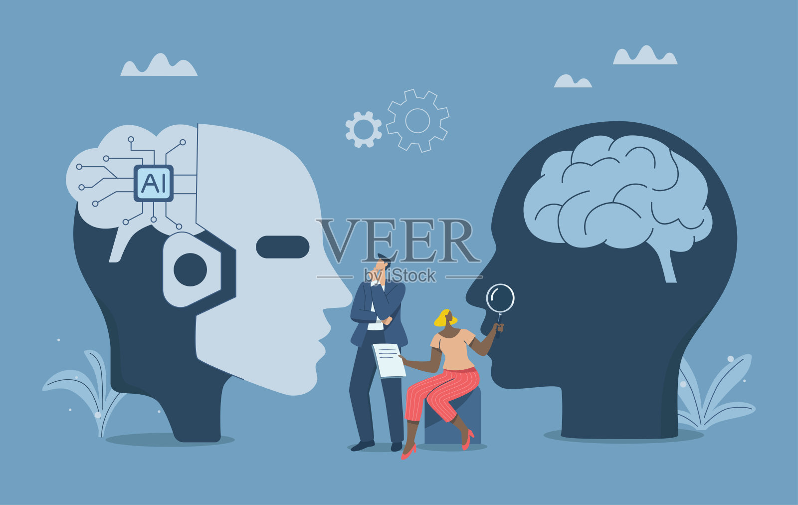 分析人工智能和人获得的数据,选择一个适合人工智能或人类的项目,人类和人工智能之间的专业知识或智能,矢量设计插图。插画图片素材