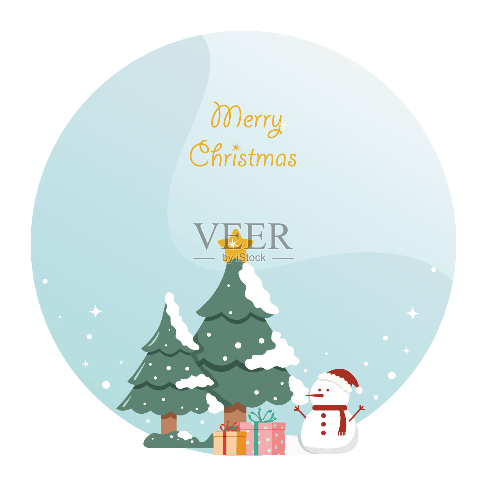圣诞贺卡。圣诞雪球有树,雪人和礼盒。圣诞贺卡。插画图片素材