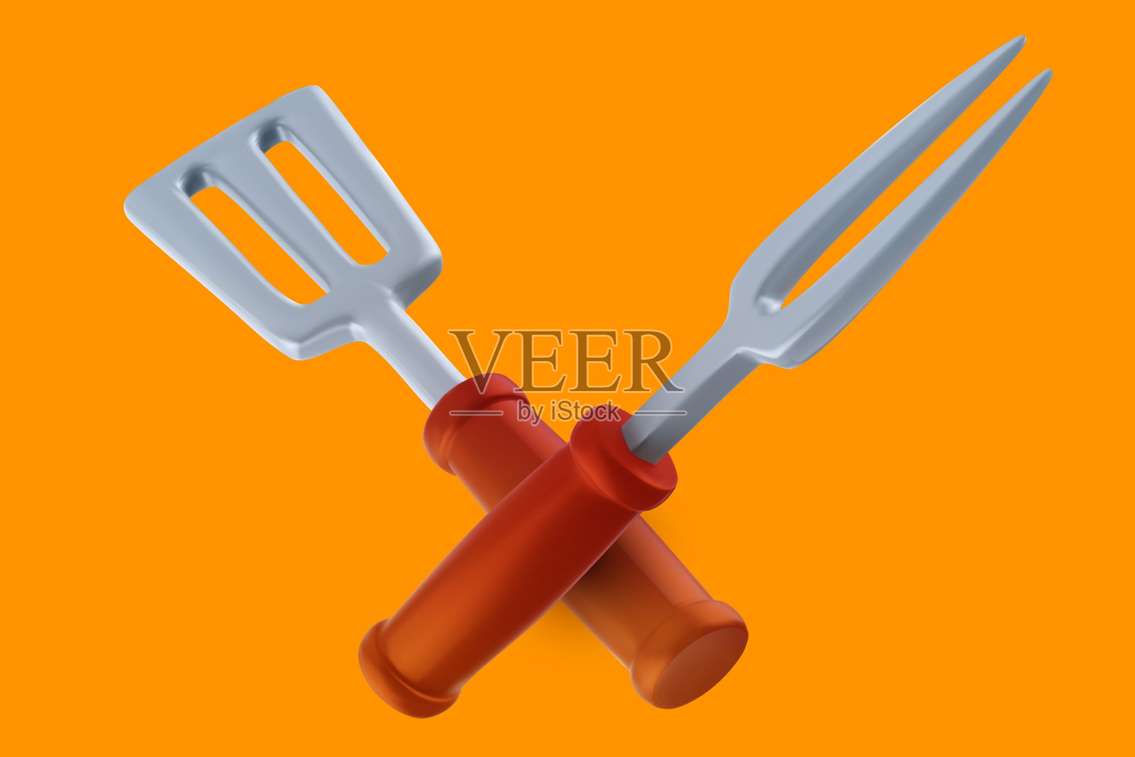 3d刮刀和叉子在现实的卡通风格。两个交叉明亮的烧烤工具。矢量插图。插画图片素材