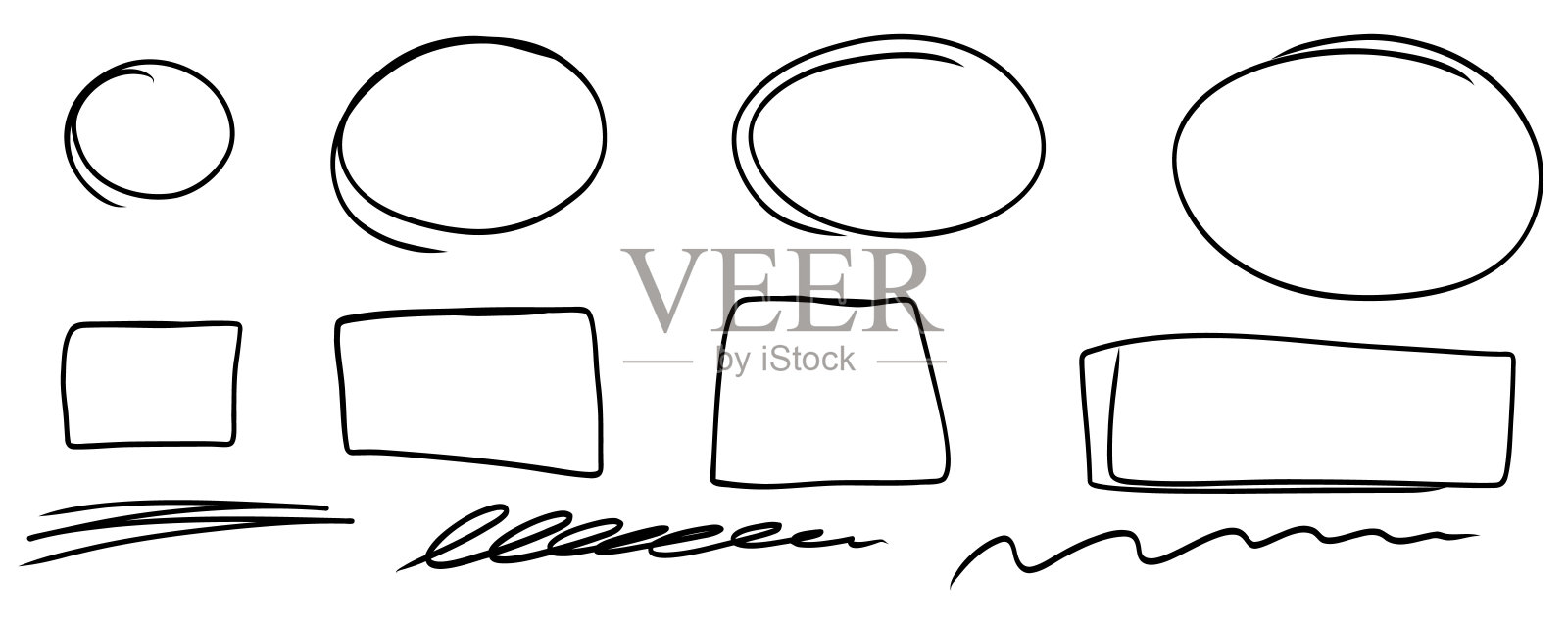 突出椭圆形框架,手绘下划线线集合。涂鸦圆形和矩形集。椭圆和椭圆线模板。股票矢量插图隔离在白色背景上。插画图片素材