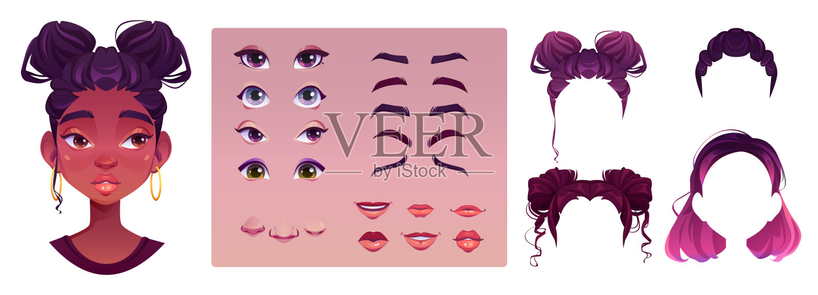 非洲女人脸头像建设卡通集插画图片素材