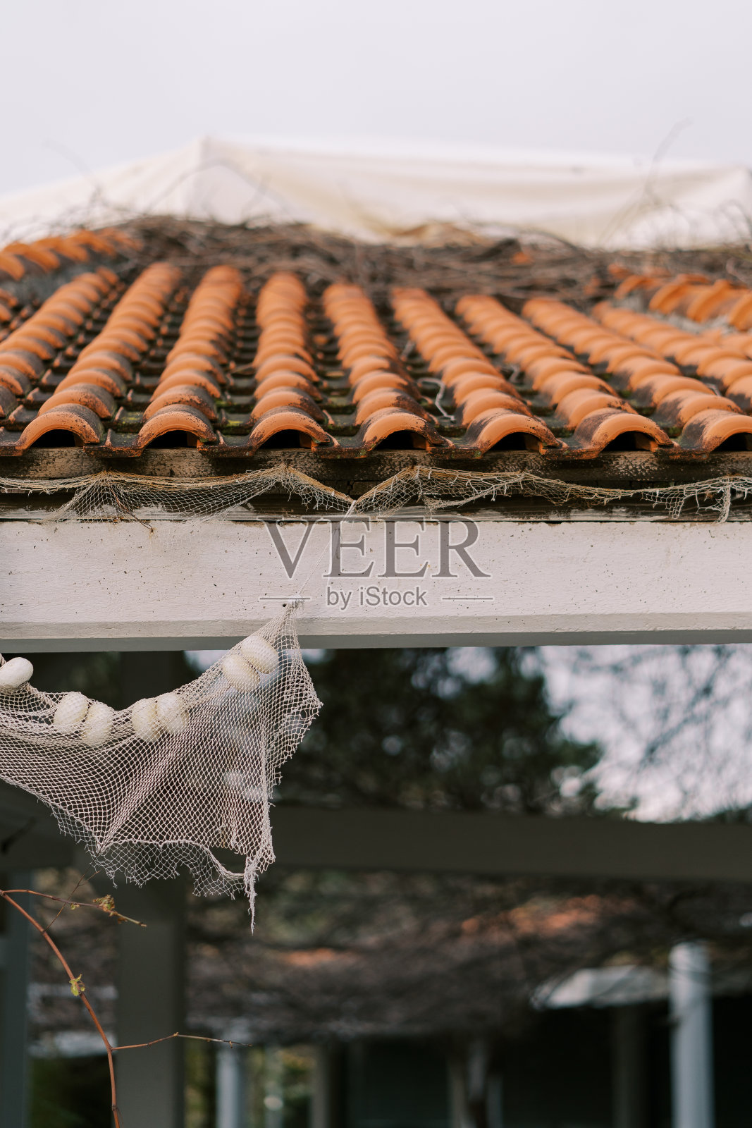 红瓦屋顶下的木梁上挂着一张旧渔网照片摄影图片