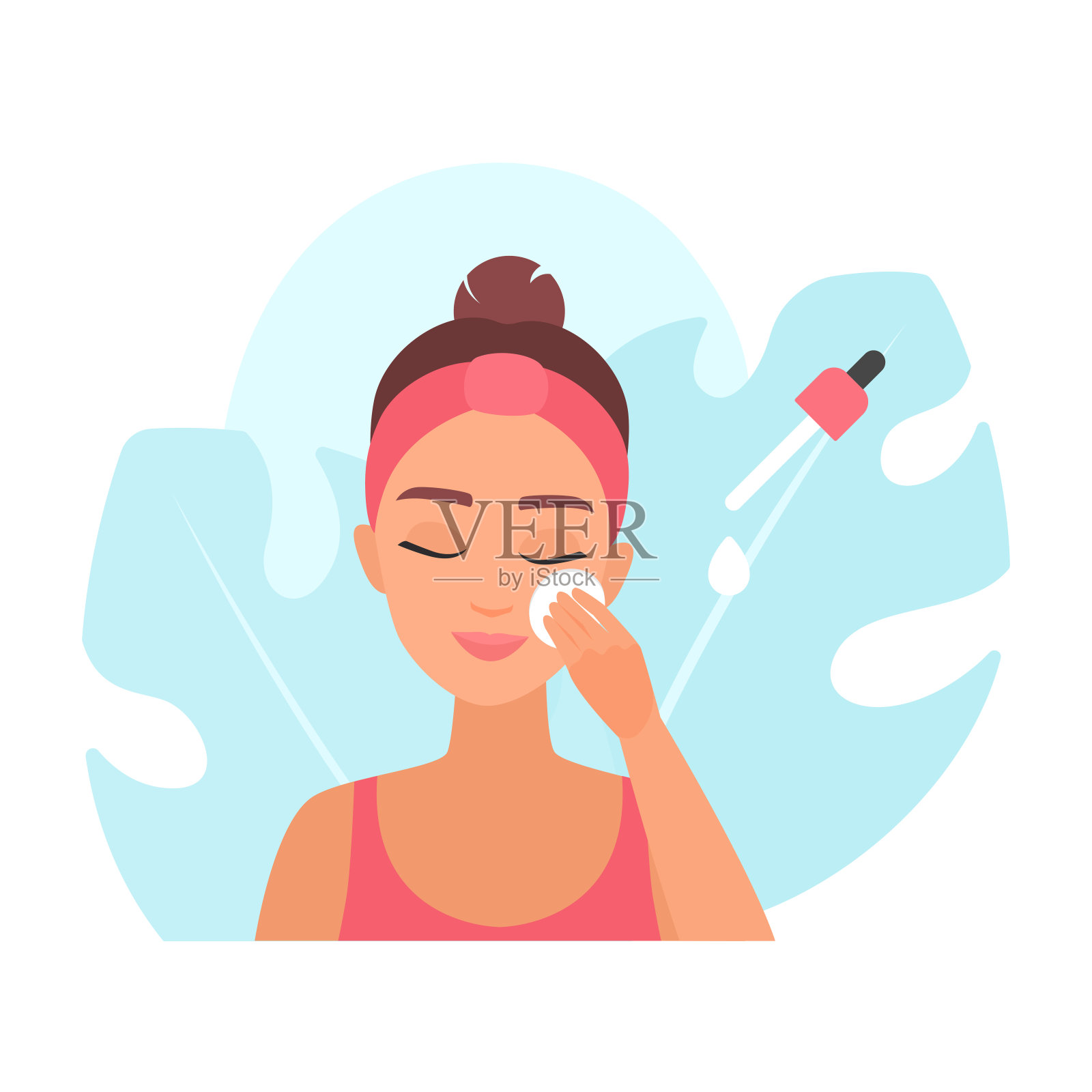 年轻女性用化妆棉洁面,涂上精华液插画图片素材