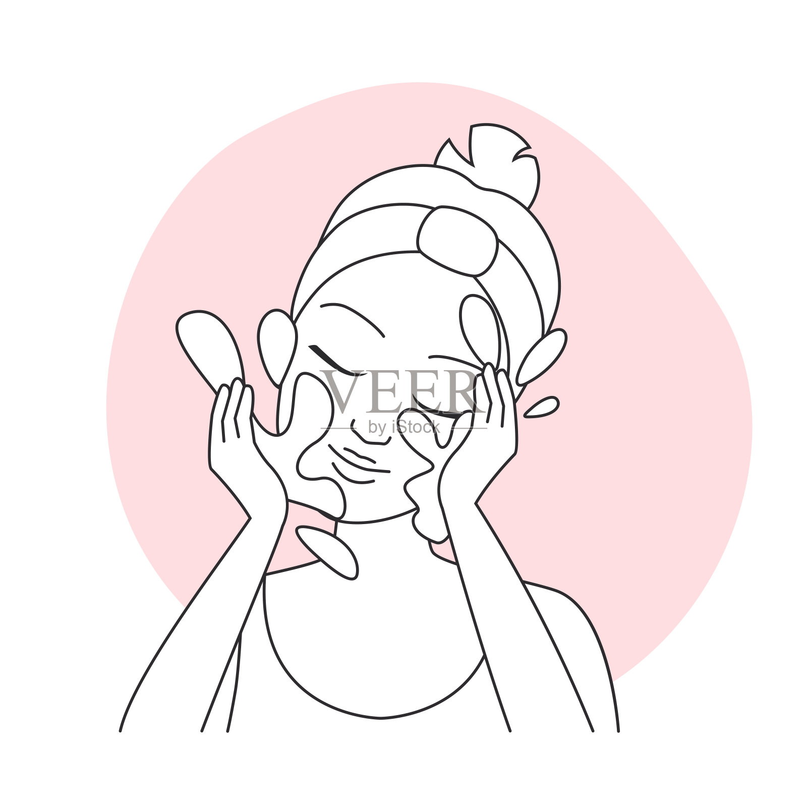 女孩用毛巾洗脸,用水线图标清洁皮肤插画图片素材