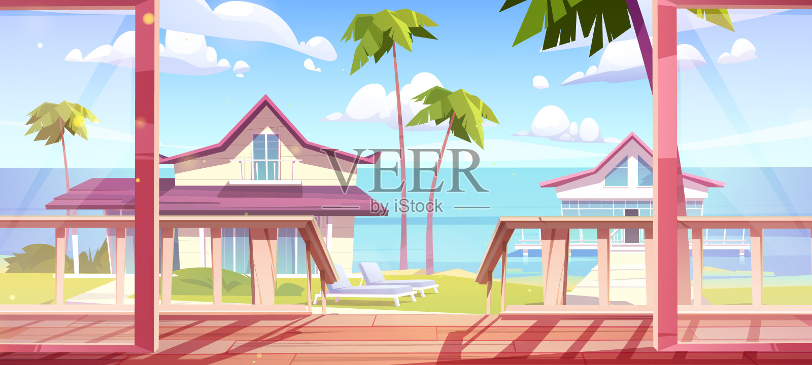 海景别墅露台上的景色插画图片素材