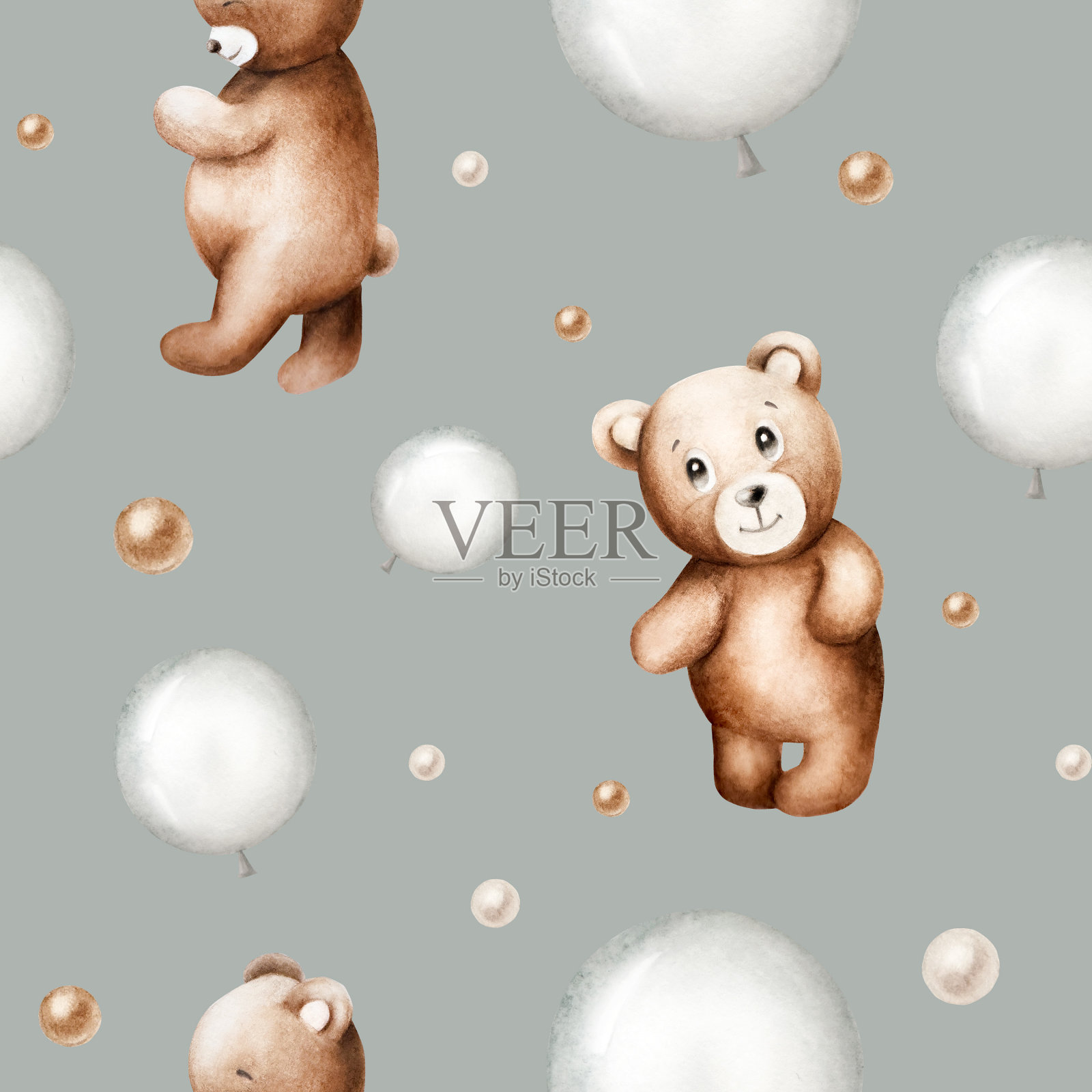 无缝图案可爱的卡通泰迪熊,银色和棕色箔气球。手绘水彩婴儿插图孤立的背景。可爱的玩具,为婴儿和孩子新生的庆祝活动,设计师,婴儿淋浴,明信片,包装纸插画图片素材