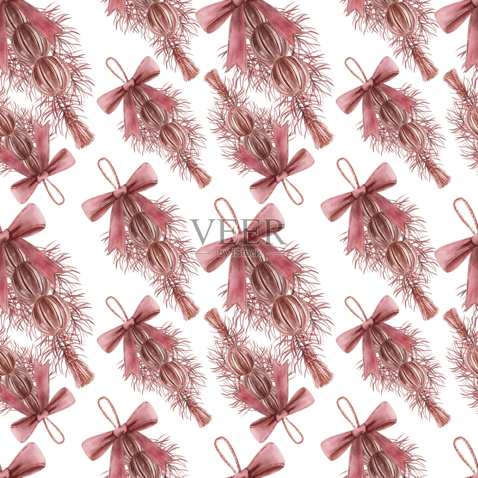 白色背景上的无缝图案,从松枝,橙子,松果为圣诞水彩插图复古风格在白色背景上。手绘插图圣诞卡,花圈。插画图片素材