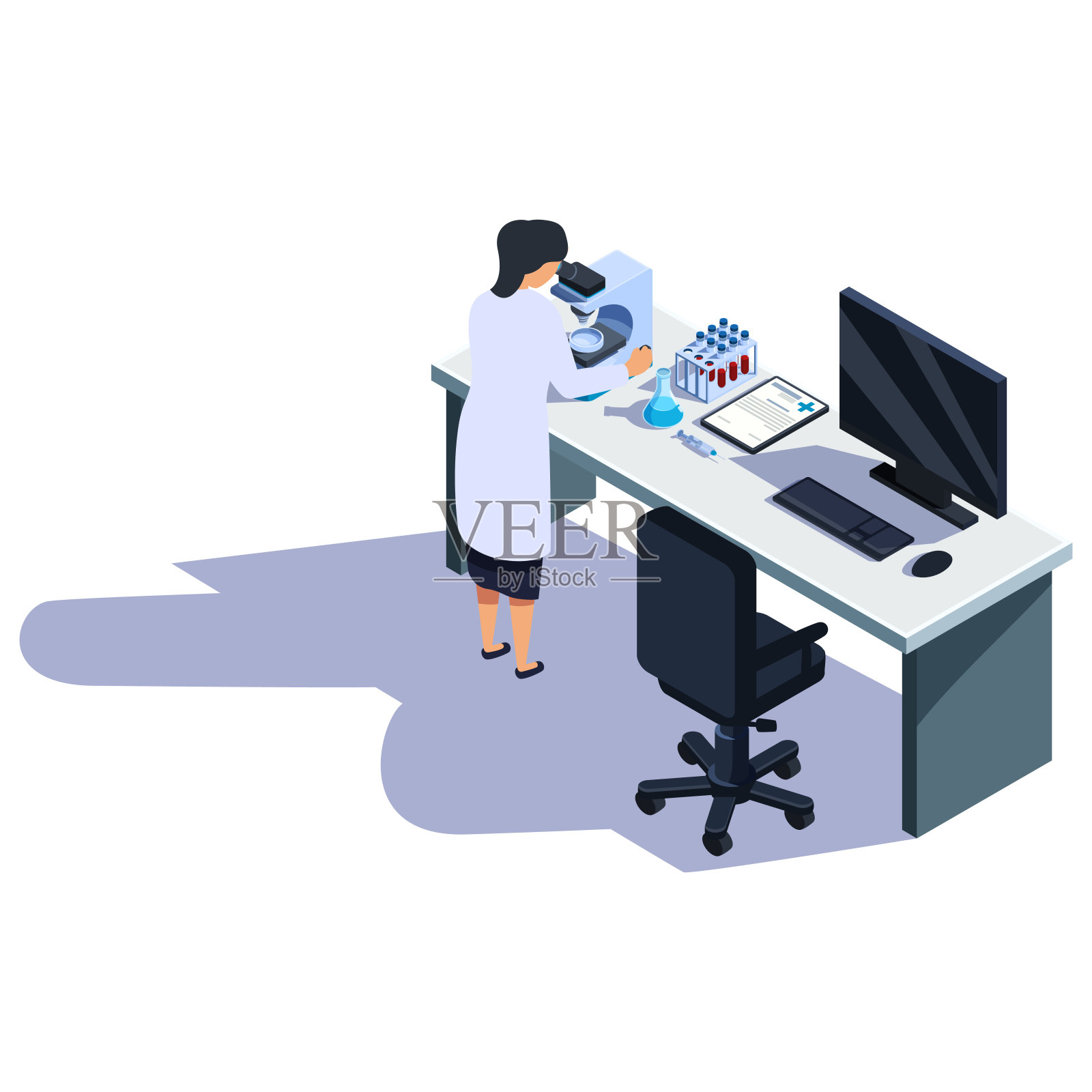 等距医学在显微镜上进行分析,矢量插图插画图片素材