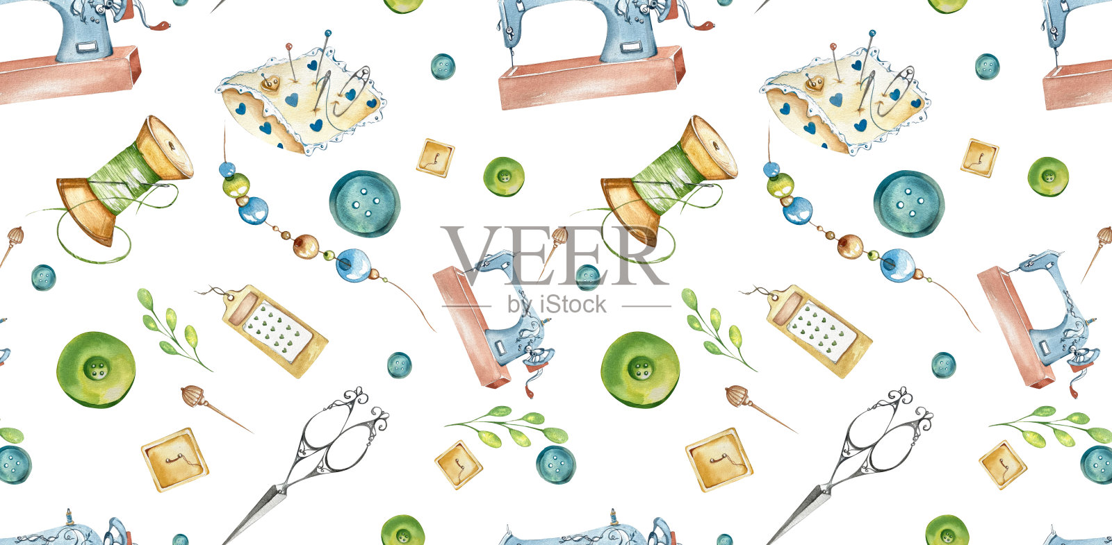 采购产品无缝模式绿色按钮不同的形状,针,线,针垫,珠子,缝纫机。水彩插图。博客,网站,手工艺品,缝纫工具包装,纺织品插画图片素材