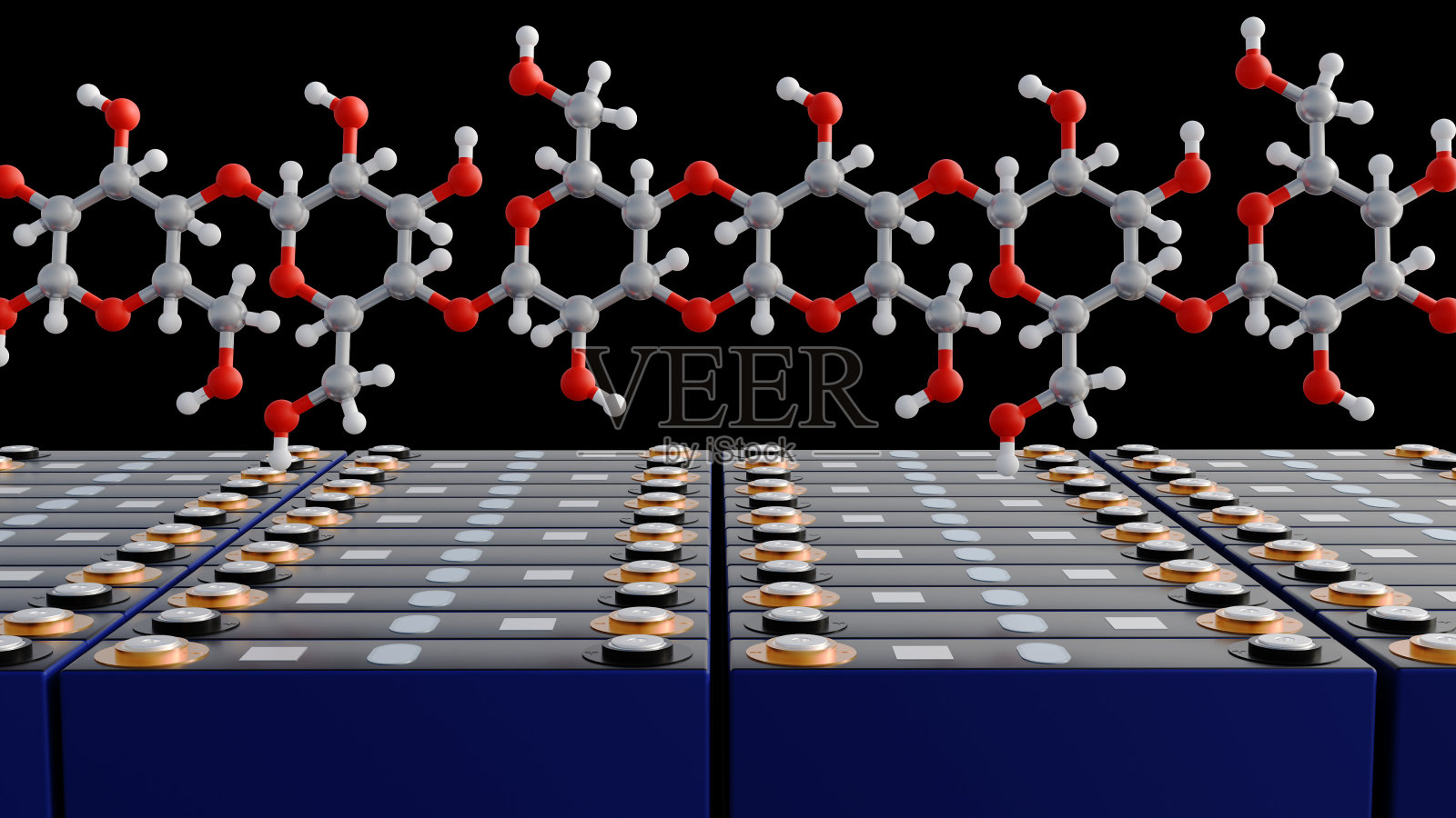 棱镜电池和麦芽糖糊精分子的三维渲染作为生物电池的象征照片摄影图片