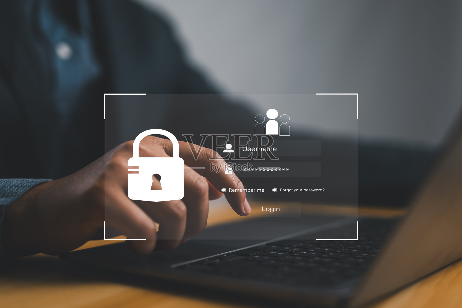 全球网络安全技术,商务人士保护个人信息。加密与密钥锁图标在虚拟接口。数据保护,互联网。照片摄影图片