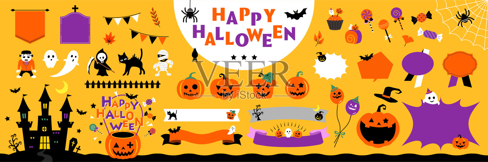 快乐的万圣节插图和装饰设置与文本框架,边界和其他装饰,没有文本。开放路径可用。可编辑的。插画图片素材