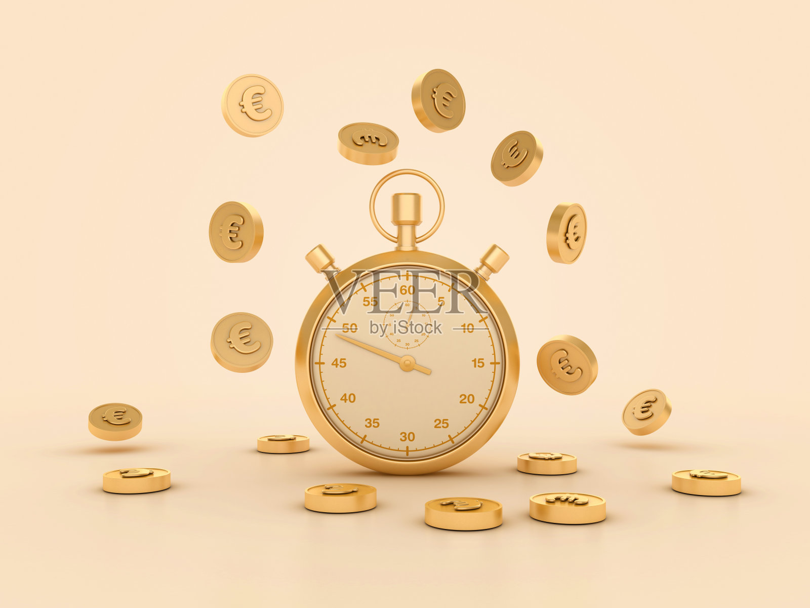 3D秒表与欧元硬币照片摄影图片