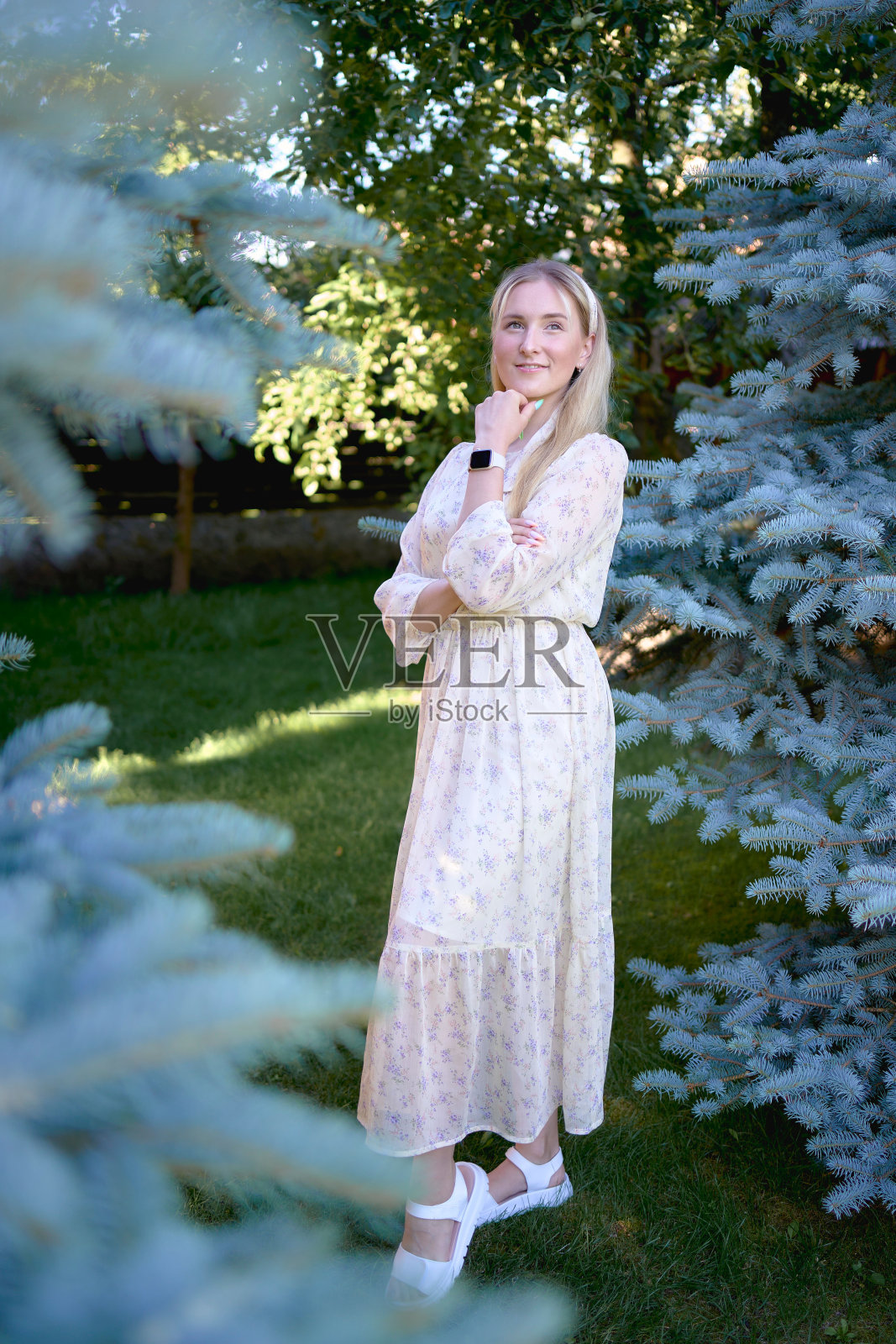 一个年轻的金发女孩的肖像,她穿着柔和的雪纺连衣裙,站在一棵蓝色的圣诞树旁照片摄影图片