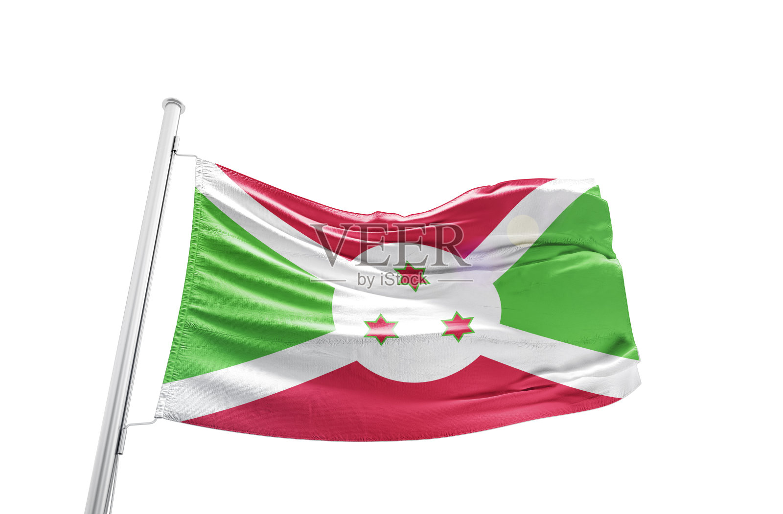 布隆迪国旗在白色背景上挥舞着桅杆。照片摄影图片