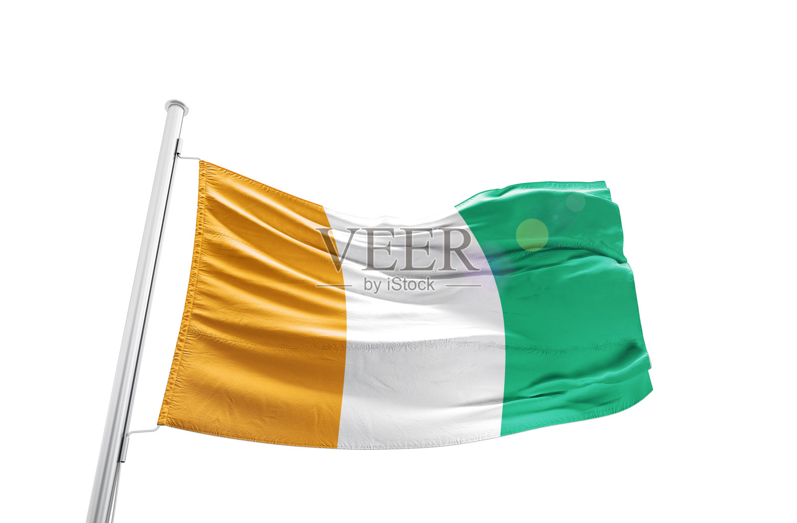 象牙海岸的旗帜在白色的背景上挥舞着桅杆。照片摄影图片