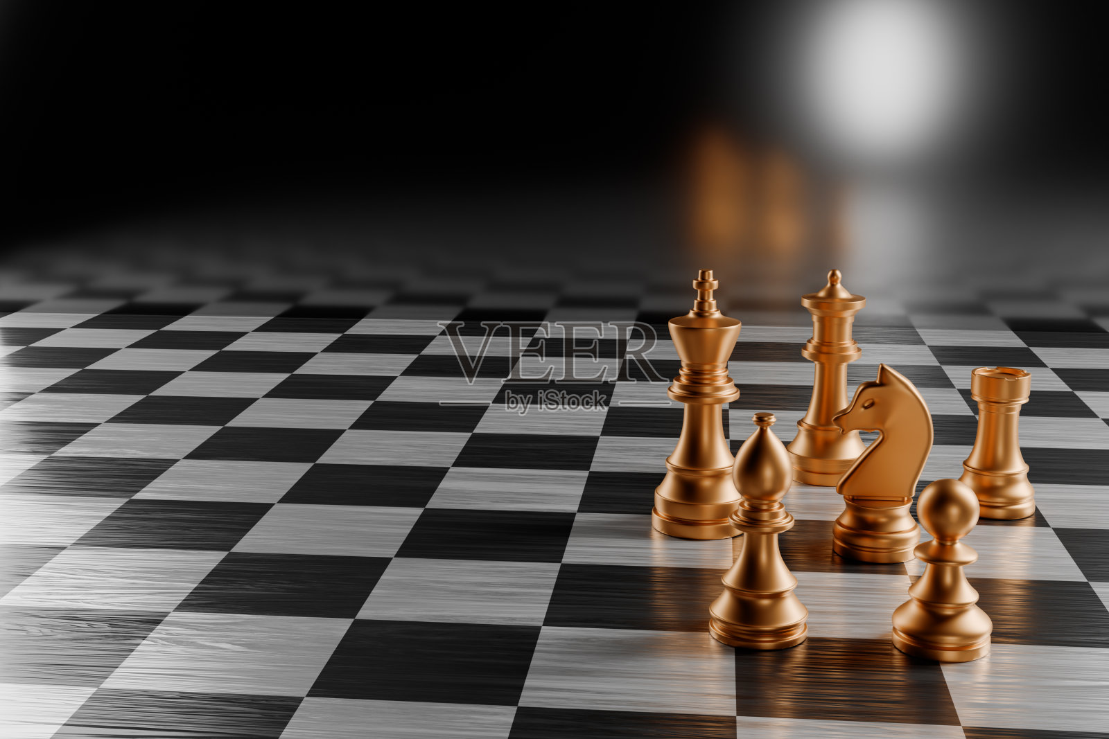 背景模糊的黑白棋盘上的金色棋子。三维渲染照片摄影图片