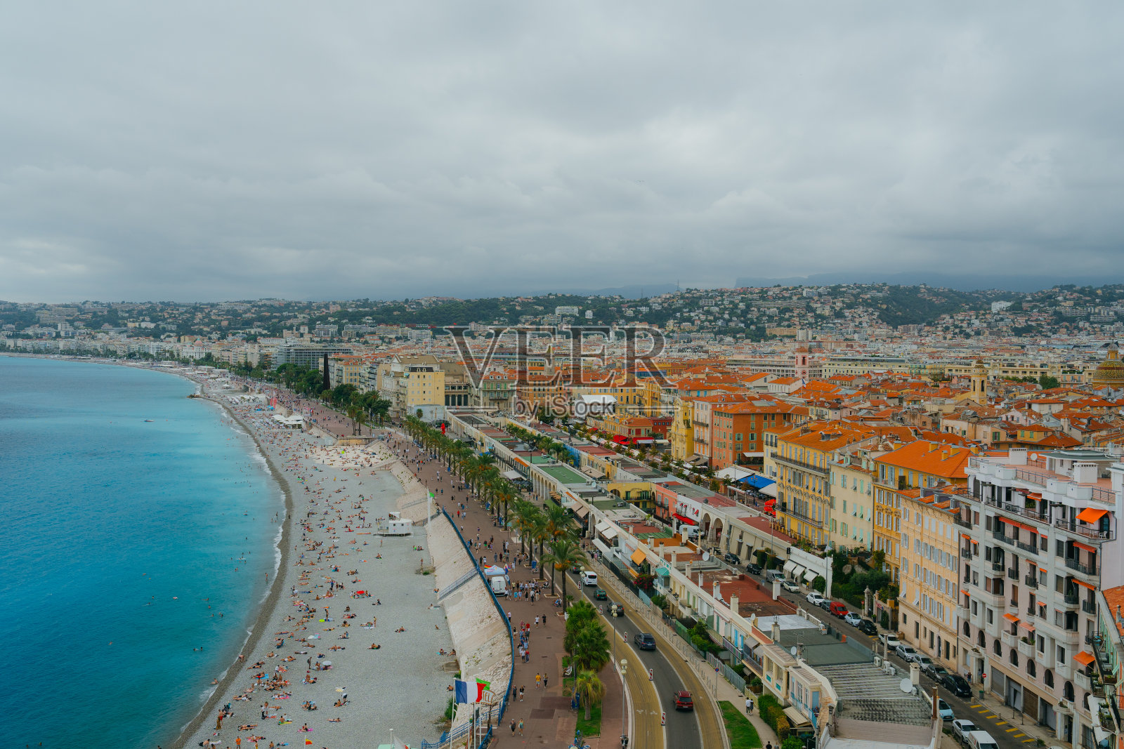 尼斯城市景观和海滨的高角度视图照片摄影图片
