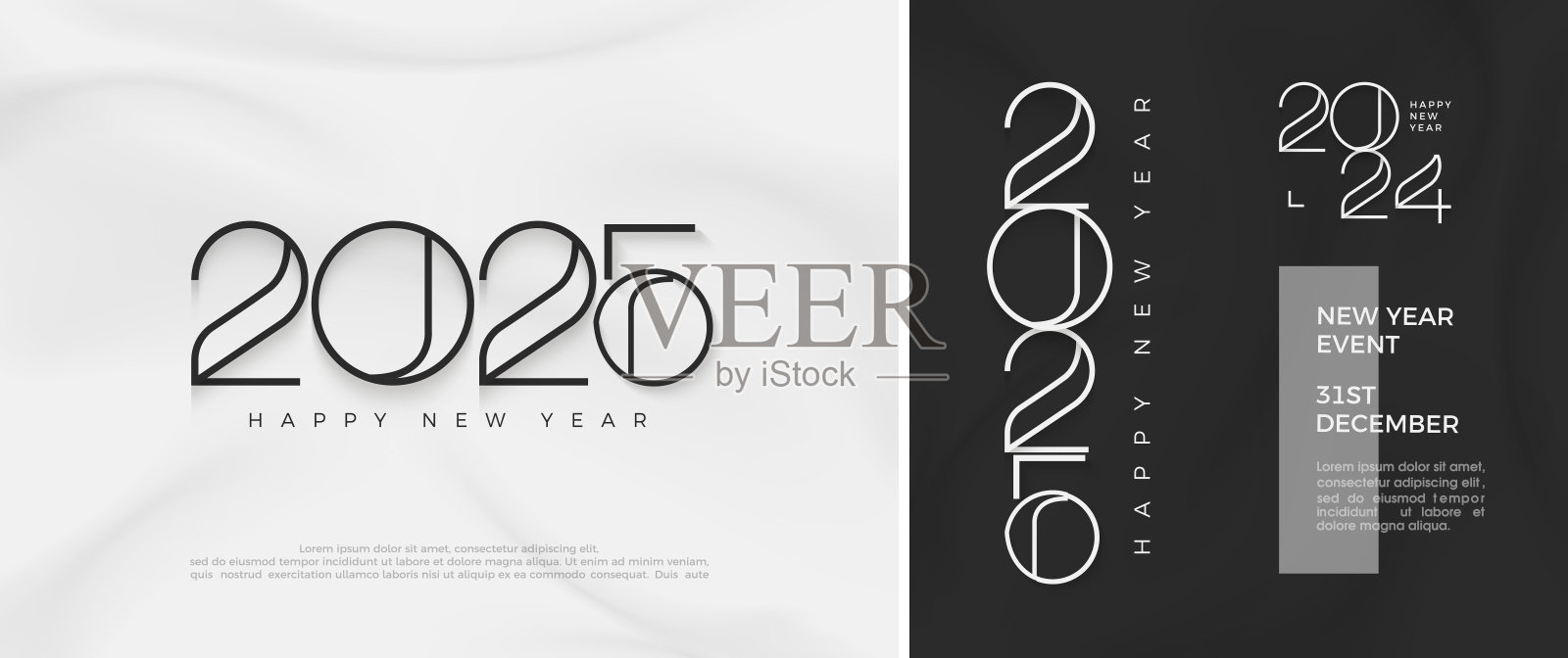 线条艺术2025号设计。恭贺2025年新年快乐。为横幅,海报,日历和社交媒体的高级矢量设计。插画图片素材