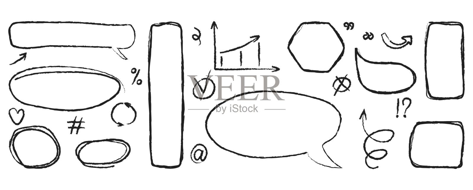 一套手绘的垃圾圆形和方形亮点。记号笔,划痕,涂鸦,内线。不同形状的艺术品涂鸦插画图片素材