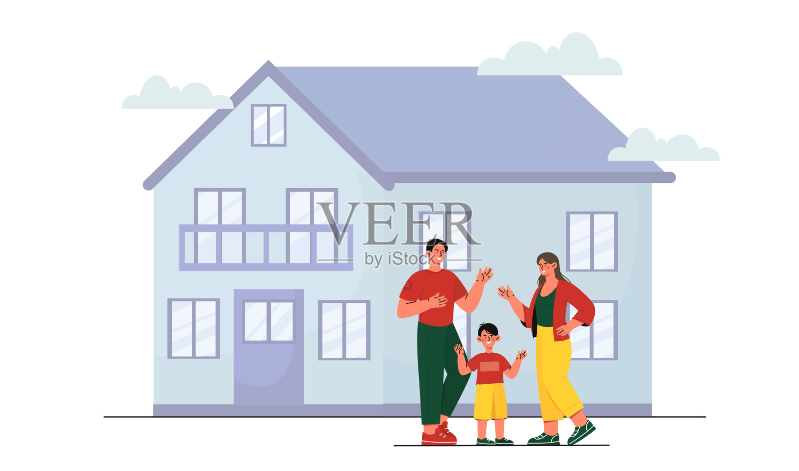 家庭靠近房子的概念。一男一女带着孩子站在别墅或联排别墅附近。搬迁和迁移。拥有不动产和私有财产的人。卡通矢量插图插画图片素材