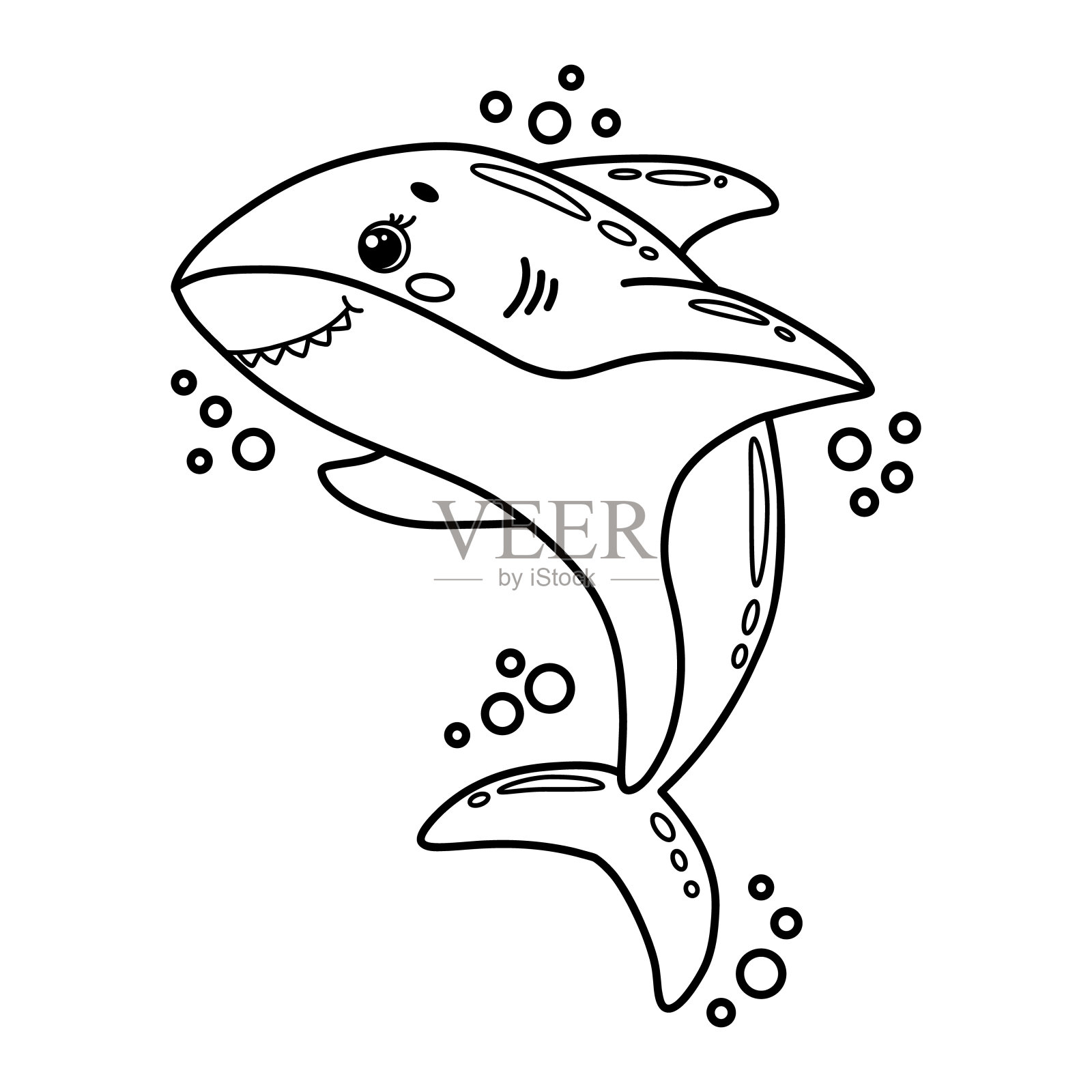 可爱的卡通微笑鲨鱼与泡沫。黑色和白色的轮廓矢量插图。儿童涂色页书插画图片素材