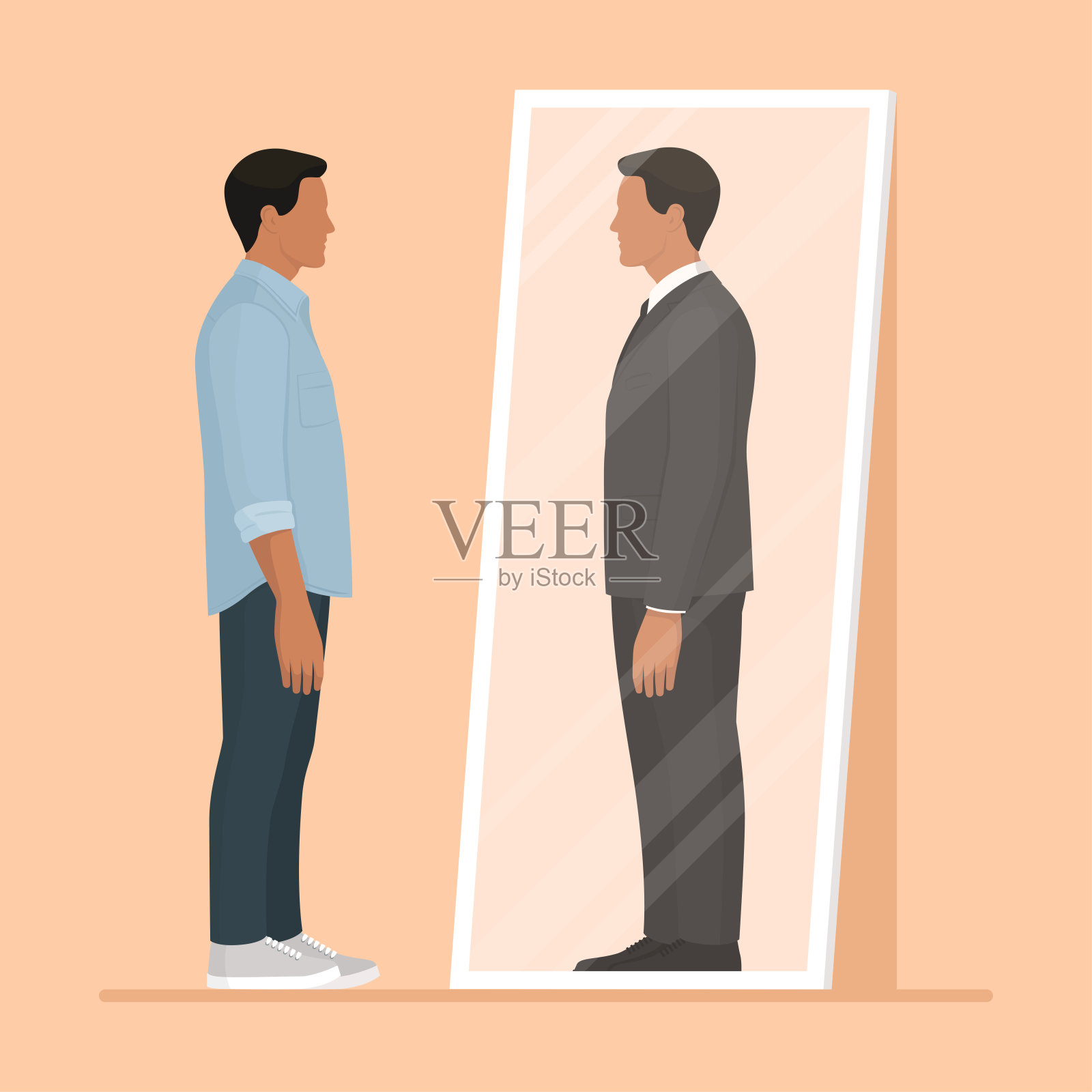 一个人看着镜子,把自己看成一个成功的商人插画图片素材