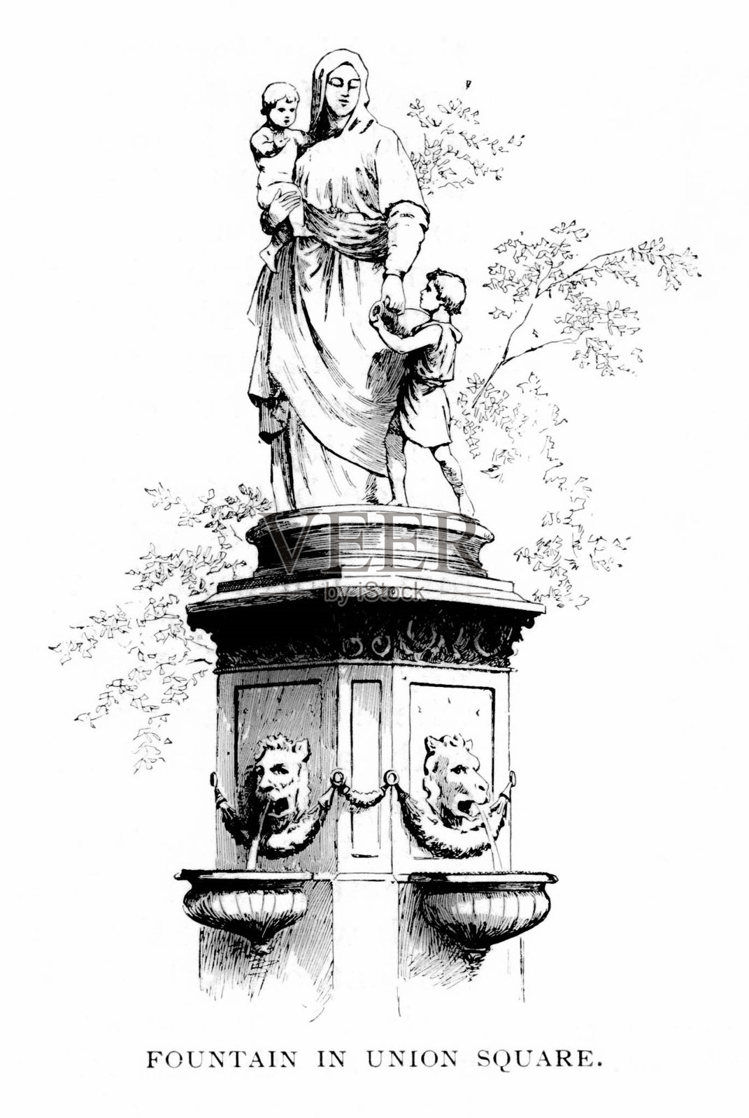 联合广场公园喷泉和雕塑,曼哈顿,纽约市,纽约州,美国插画图片素材