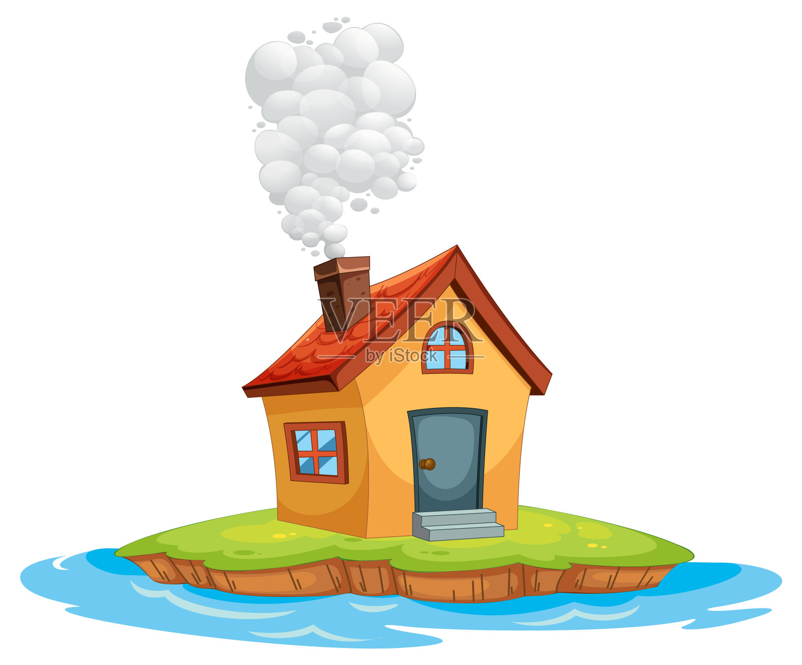 一座小岛上冒着烟的房子插画图片素材