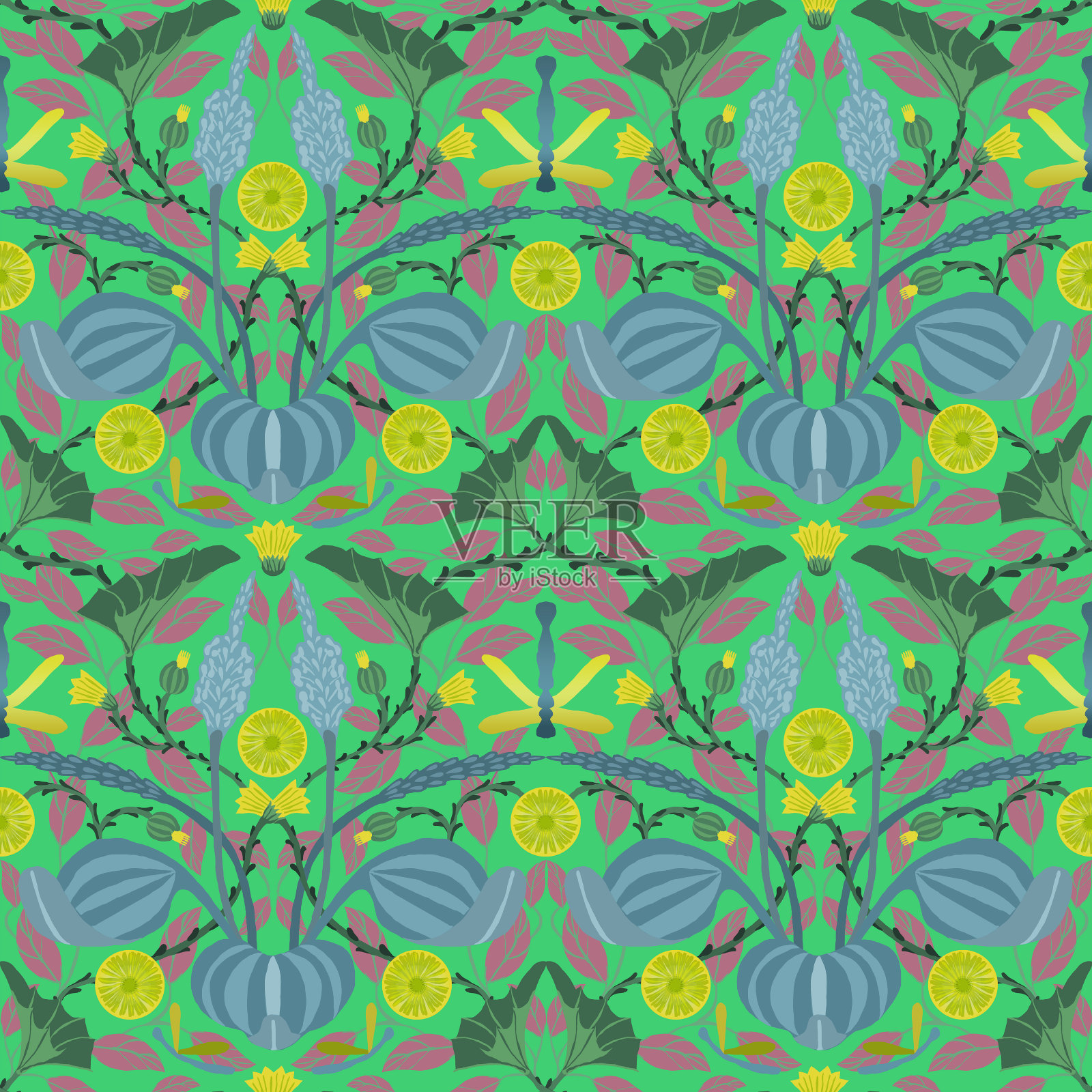 无缝模式与手绘黄色花,马蹄铁和车前草霓虹灯石灰背景。威廉·莫里斯风格的装饰与蜻蜓在现代粉红色。插画图片素材