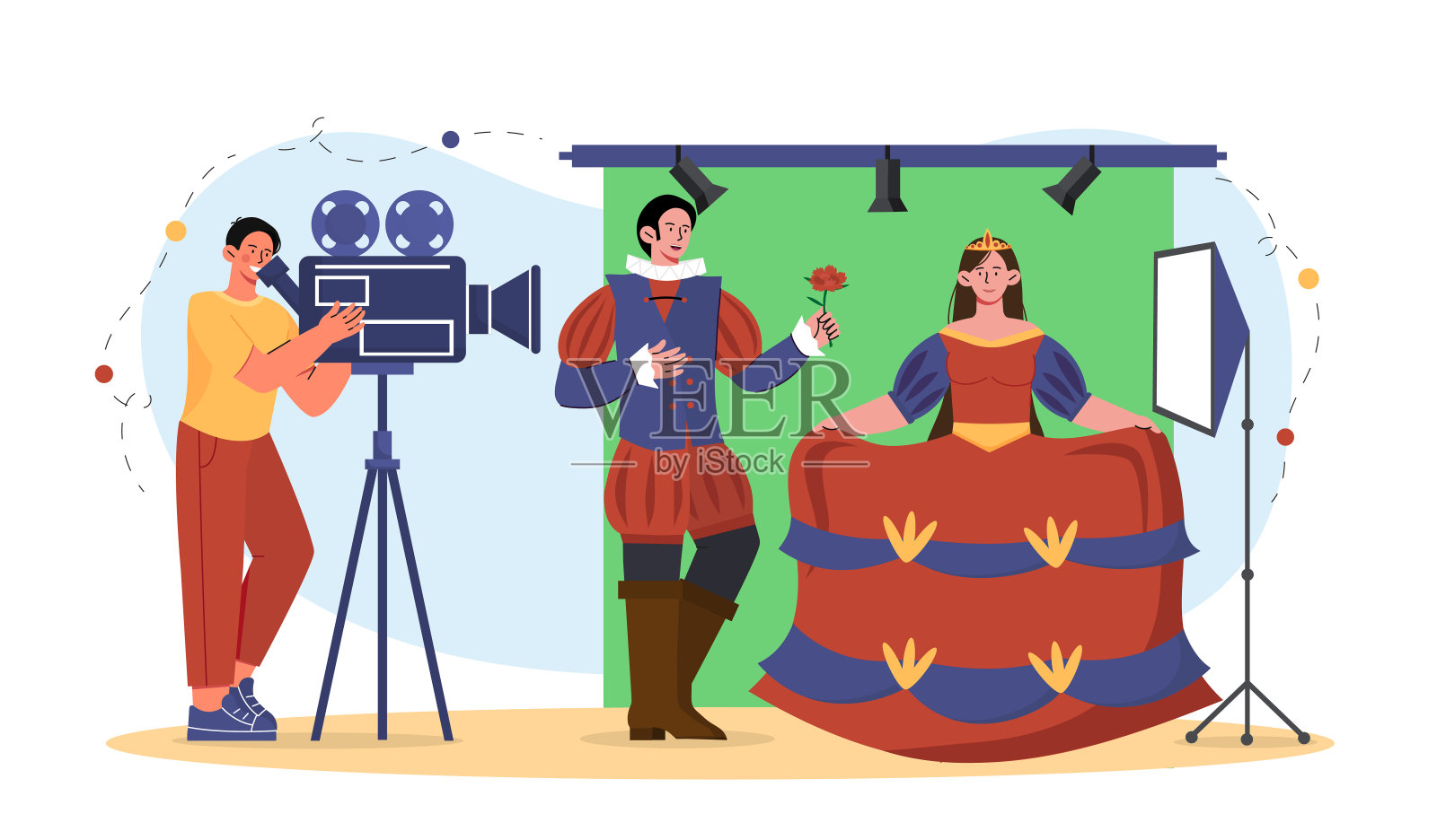 摄影师正在拍摄影片。摄像师拍摄演员。影视制作。电影院和电影工业。演播室里的人。卡通矢量插图插画图片素材