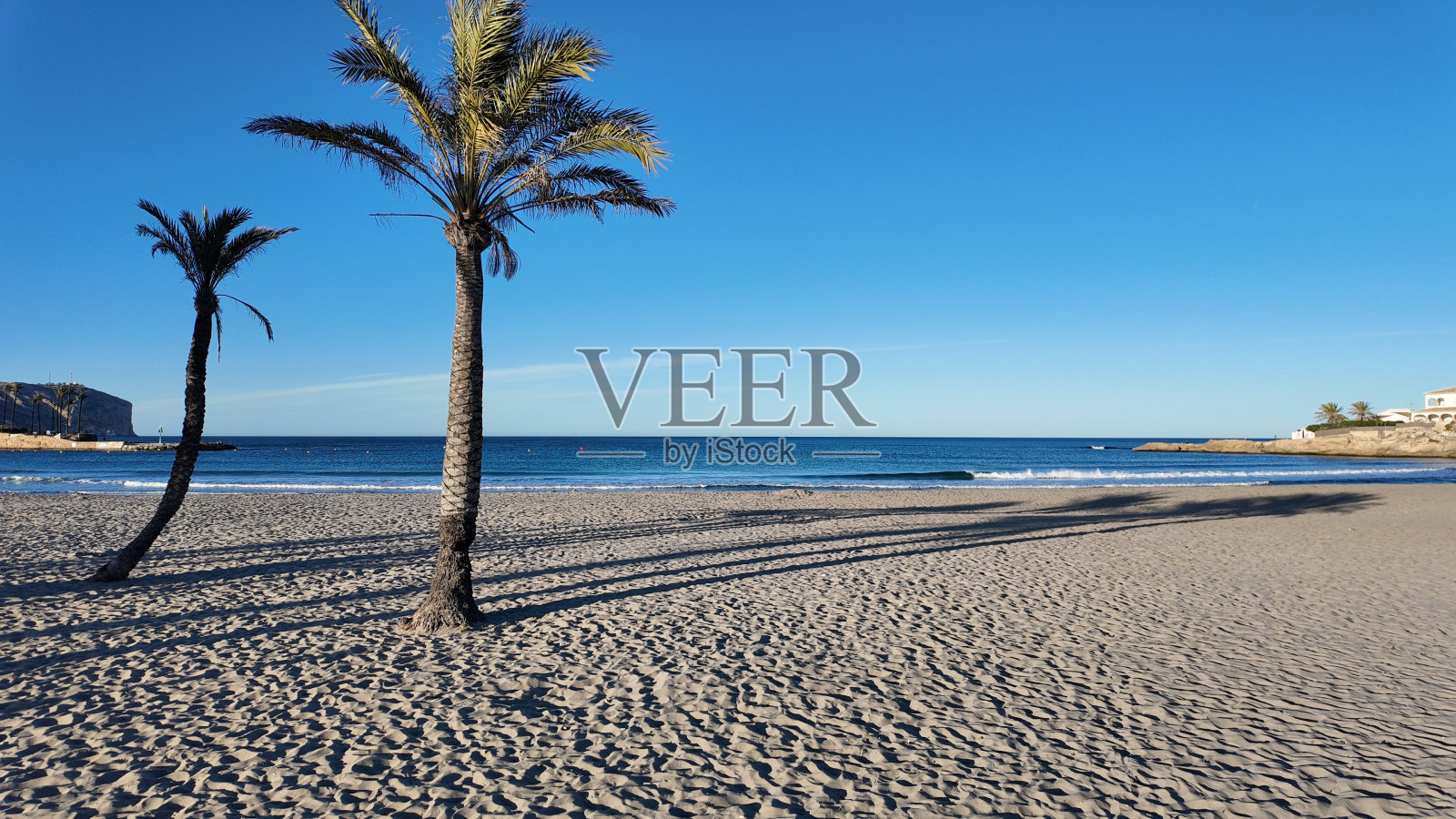 阿雷纳尔海滩景观,Javea, Xabia,阿利坎特,棕榈树,阳光,放松,大海,沙滩照片摄影图片