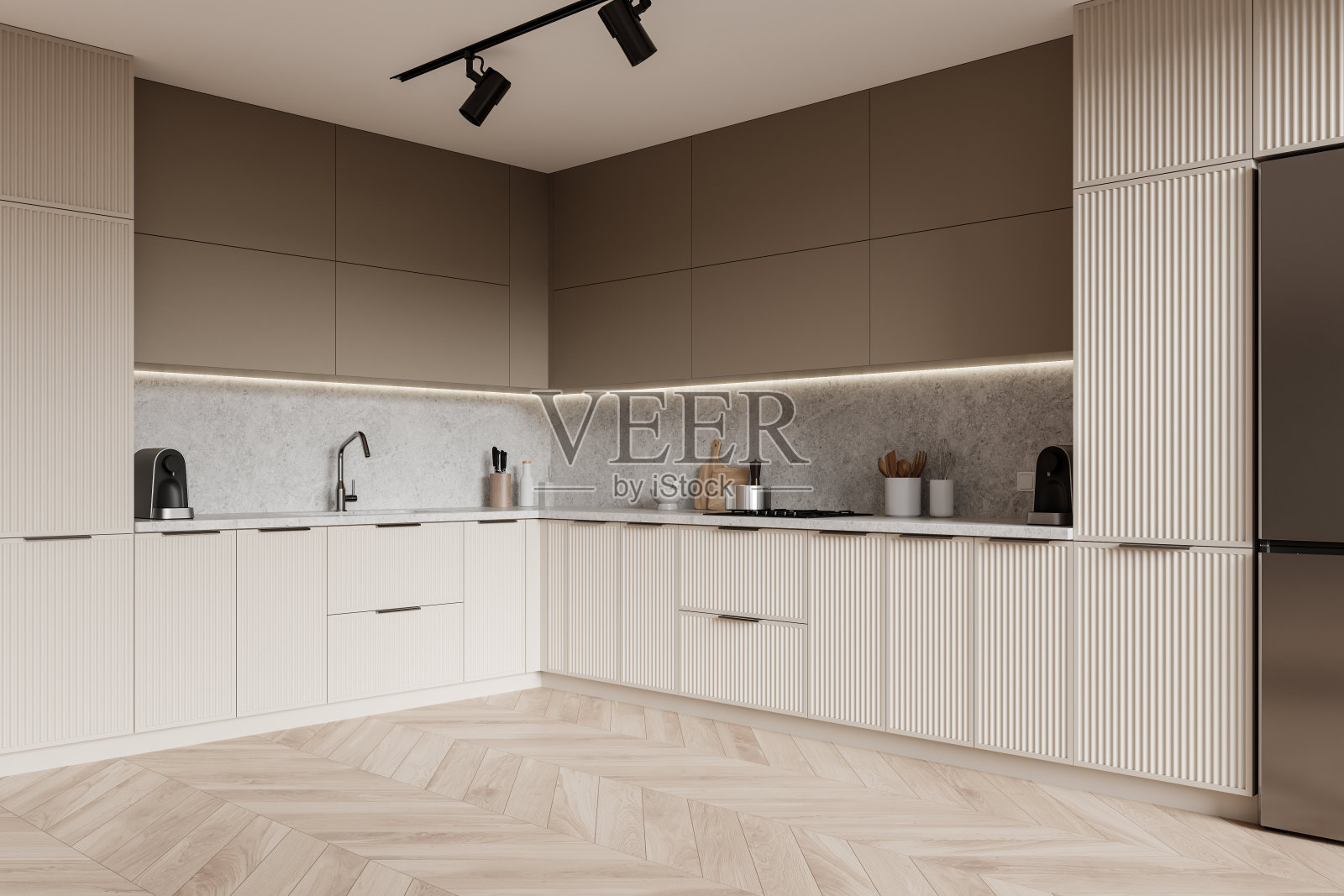 豪华家庭厨房内饰,配有厨柜和厨具,冰箱照片摄影图片