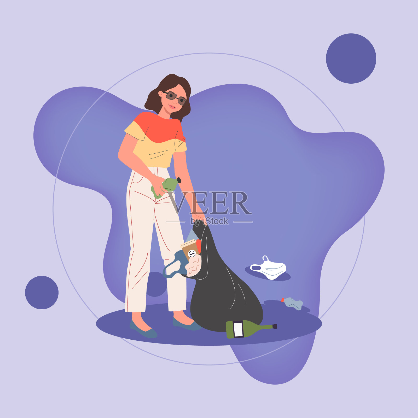 积极的年轻女子收集垃圾包插画图片素材