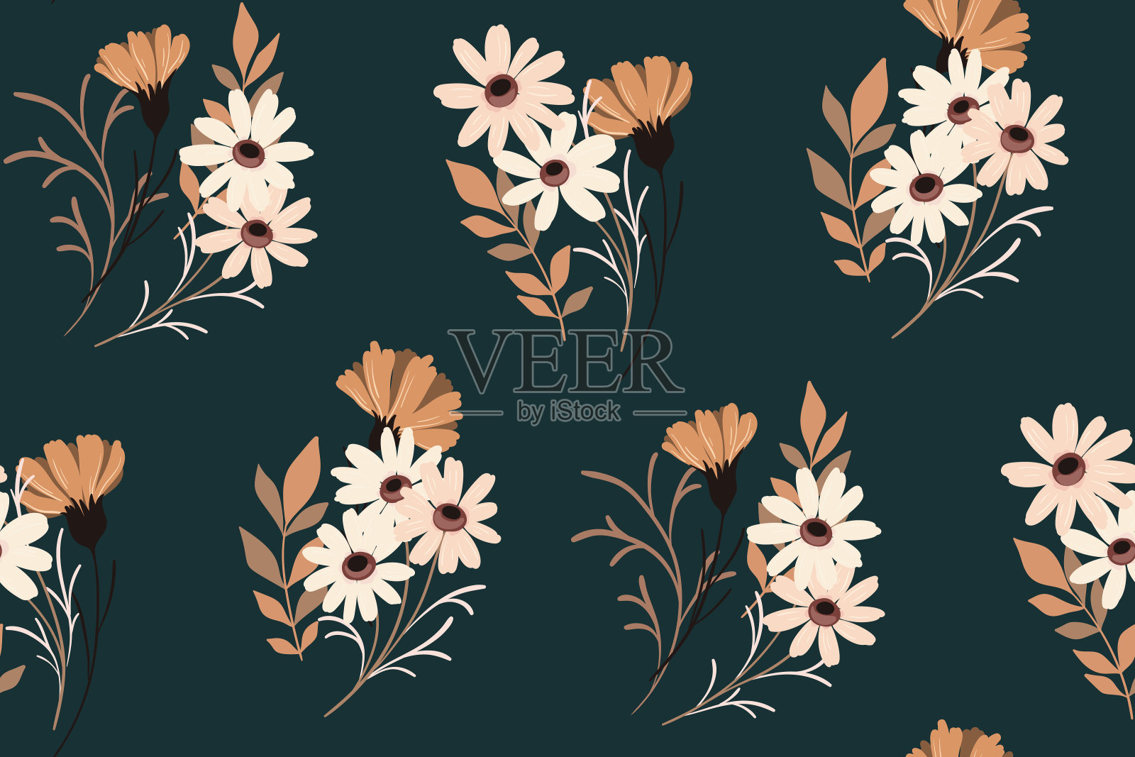 无缝花卉图案,抽象的秋天,冬天的自然设计:大花,叶,花束在一个黑暗的背景。矢量插图。插画图片素材