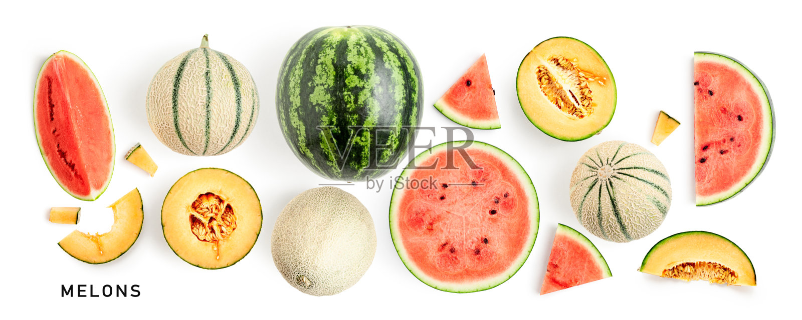 西瓜和甜瓜收集孤立在白色背景照片摄影图片