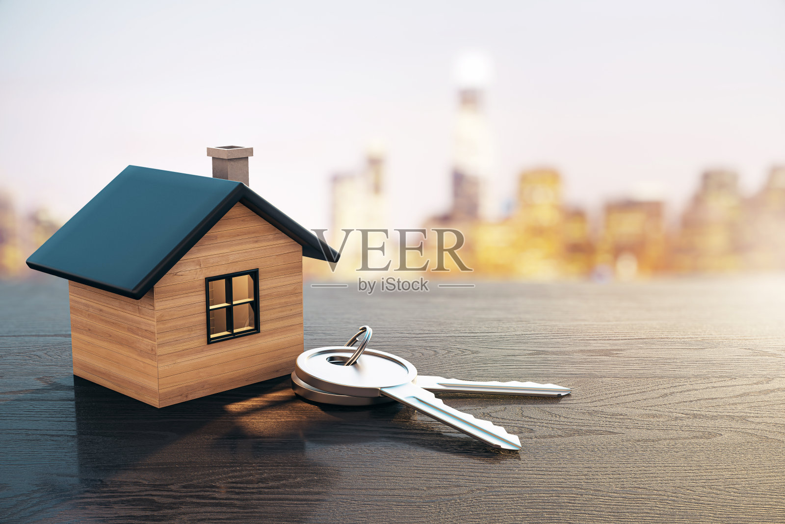 小木屋模型和钥匙放在桌子上,模糊城市背景,房地产概念。三维渲染照片摄影图片