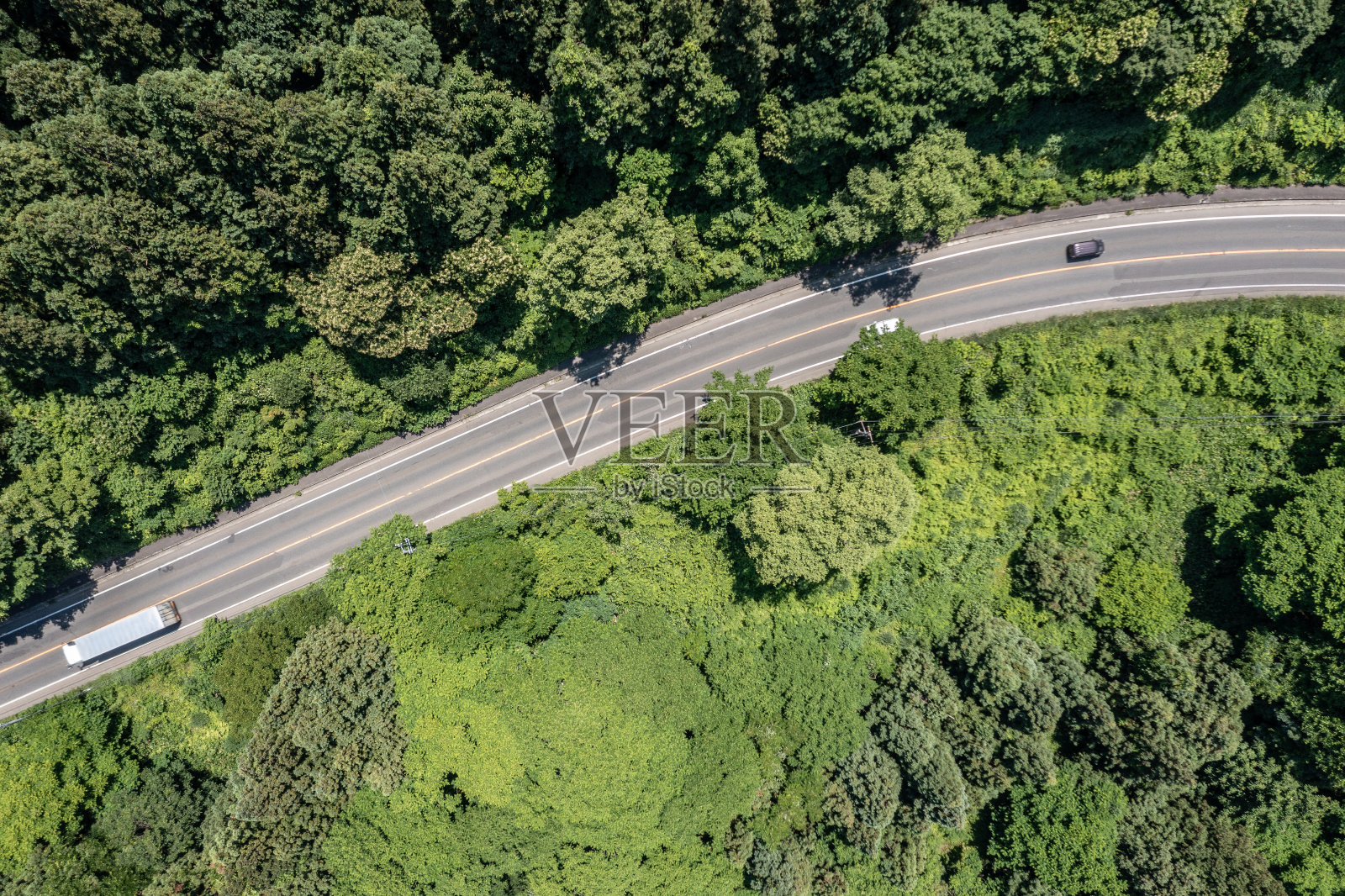 无人机摄影:一条被树木环绕的道路的俯视图,上面行驶着汽车照片摄影图片