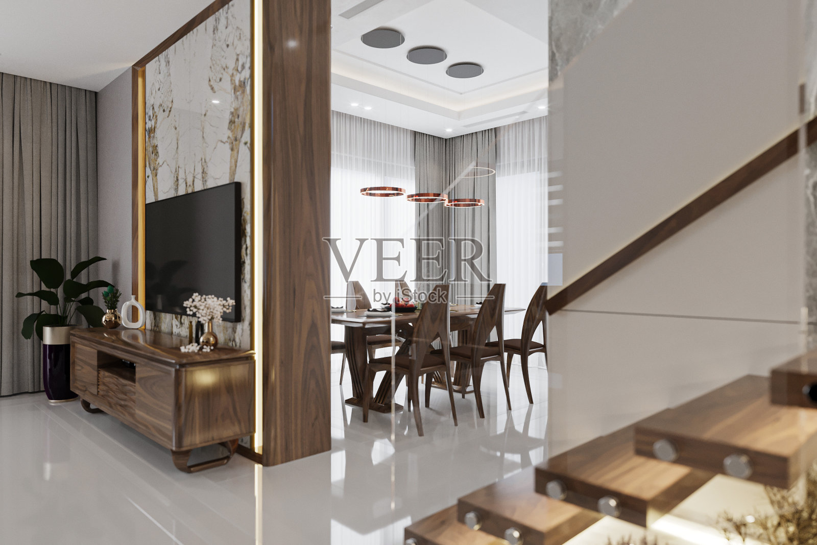 优雅的全新现代家庭餐厅和大厅照片摄影图片