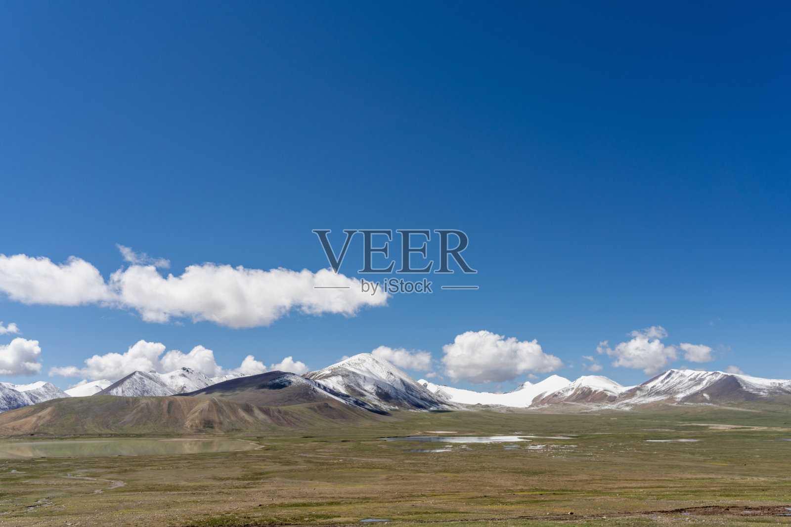 阳光明媚的日子里,高原草地和雪山照片摄影图片