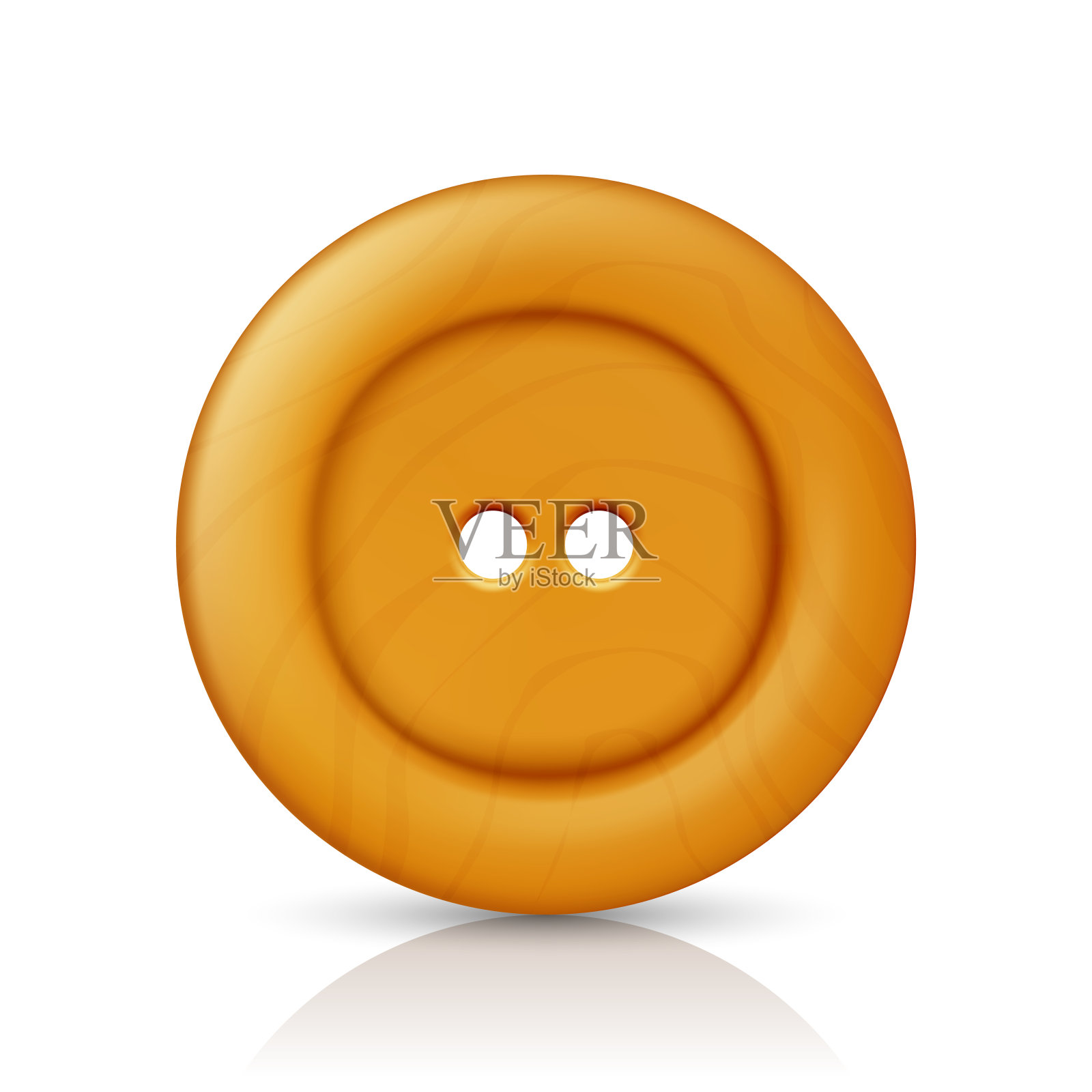 矢量米色或棕色木制四孔衣服纽扣特写,在白色背景上与反射隔离。圆形按钮,前视图插画图片素材