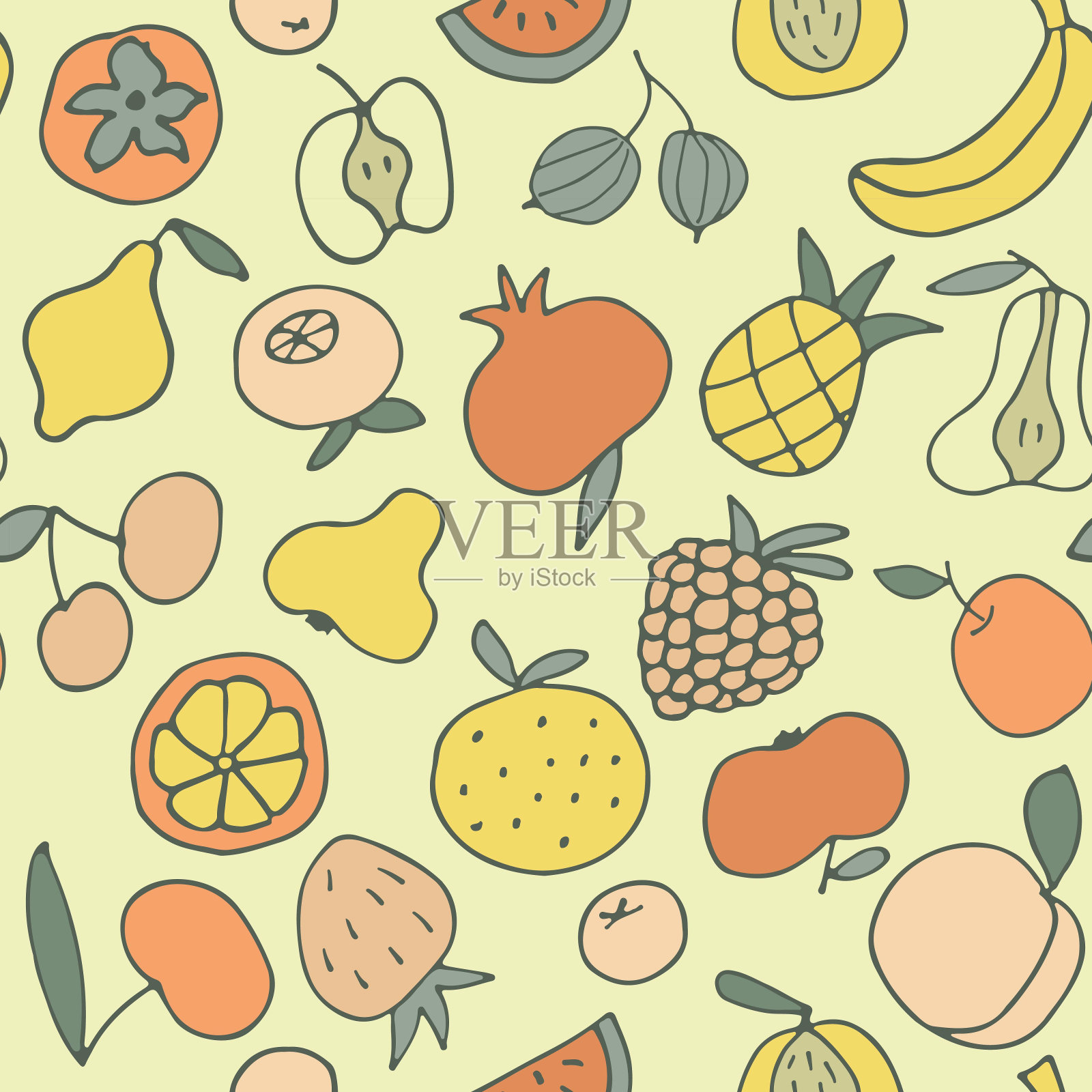 美味多汁的水果无缝图案。明亮的无缝背景为您的设计。包装纸、纺织品、墙纸。健康食品。食物涂鸦。矢量插图。插画图片素材