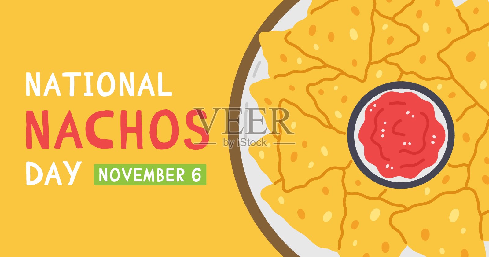 全国玉米片日横幅设计。墨西哥小吃玉米片在卡通平面风格的黄色背景。矢量插图的传统墨西哥食物插画图片素材