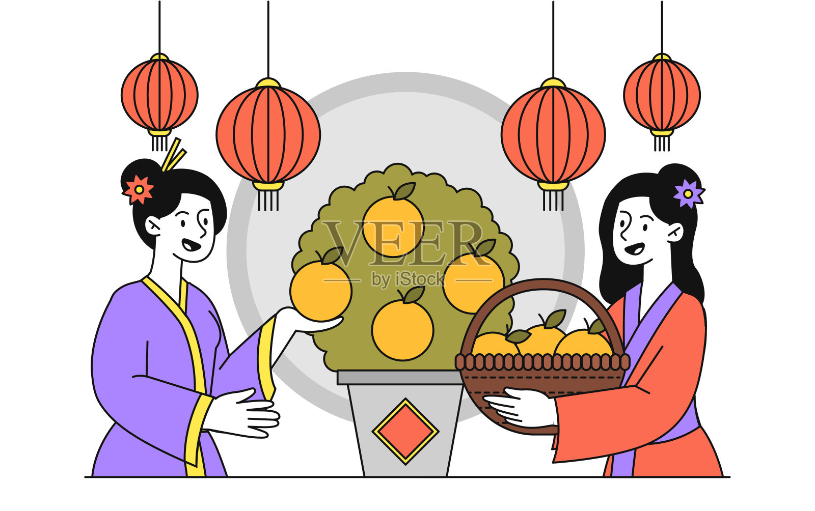 吃橘子的人。身着亚洲服饰的男女提着篮子采摘柑橘类水果。含维生素的天然有机产品。线性平面矢量图插画图片素材