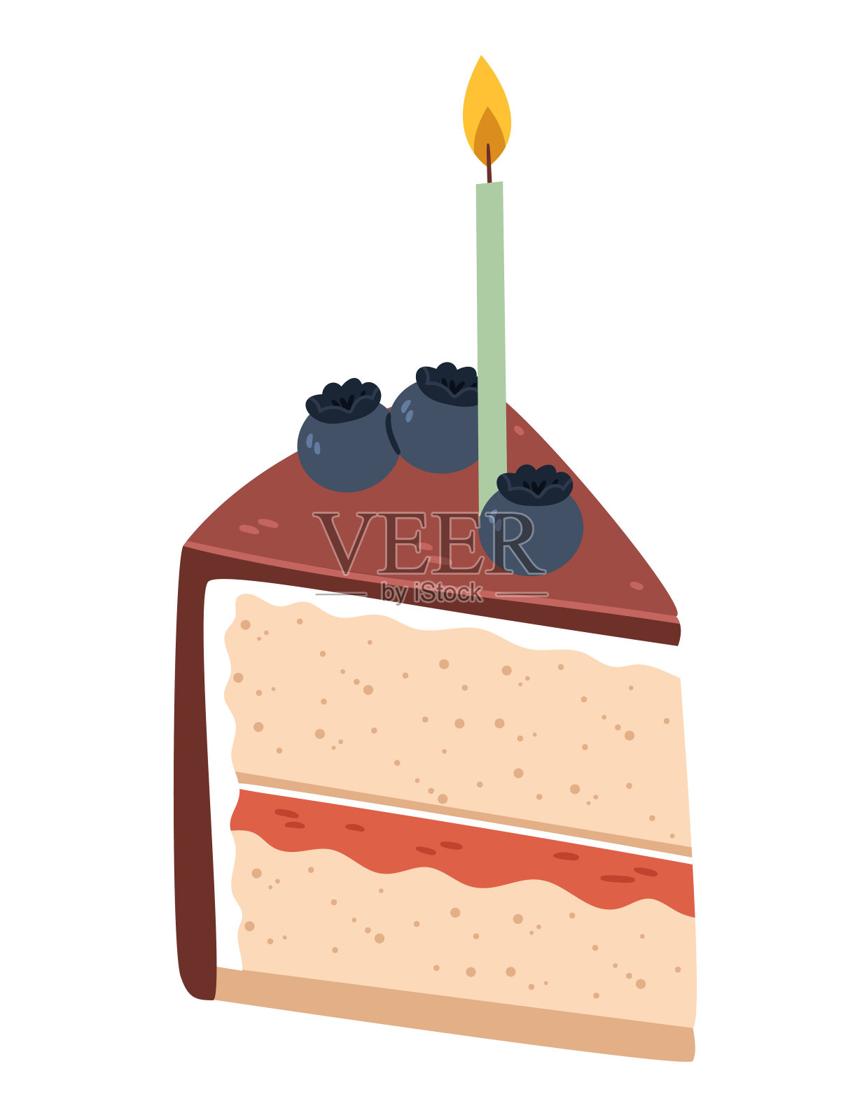 一块巧克力蛋糕,蓝莓和一支蜡烛。生日蜡烛放在巧克力蛋糕上,蛋糕上装饰着浆果。插画图片素材