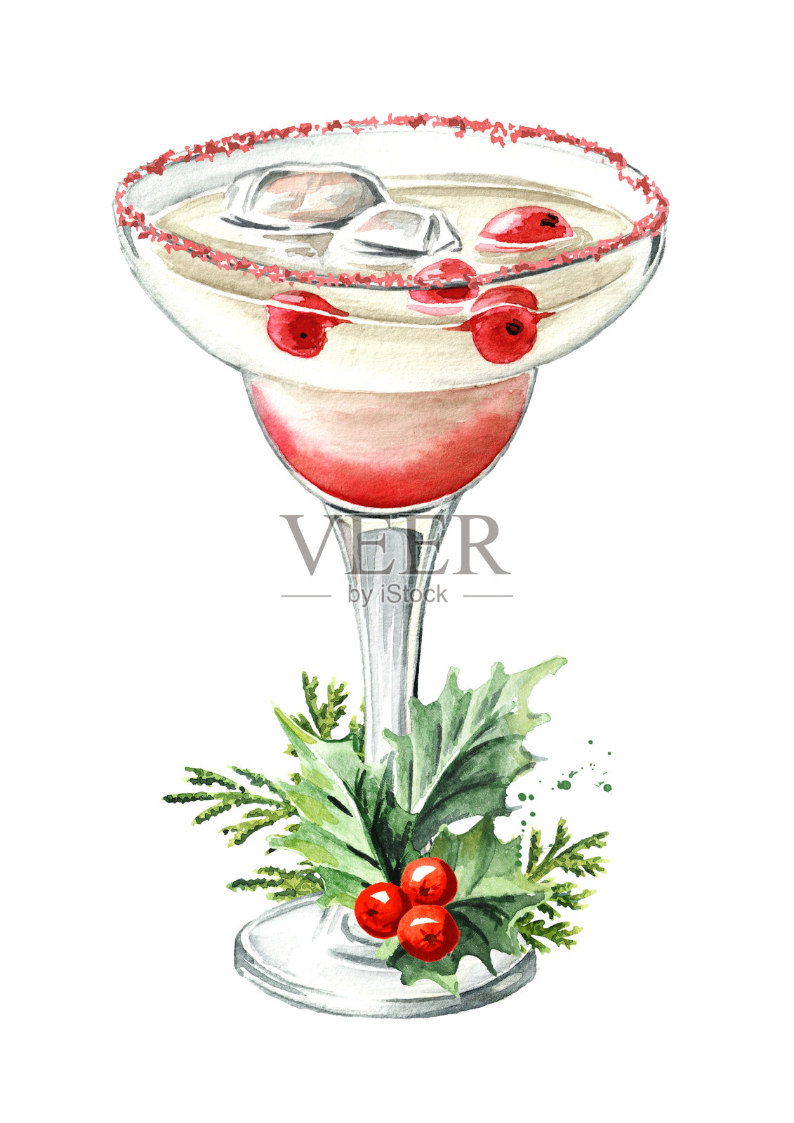 圣诞小红莓玛格丽塔鸡尾酒。手绘水彩插图孤立的白色背景插画图片素材