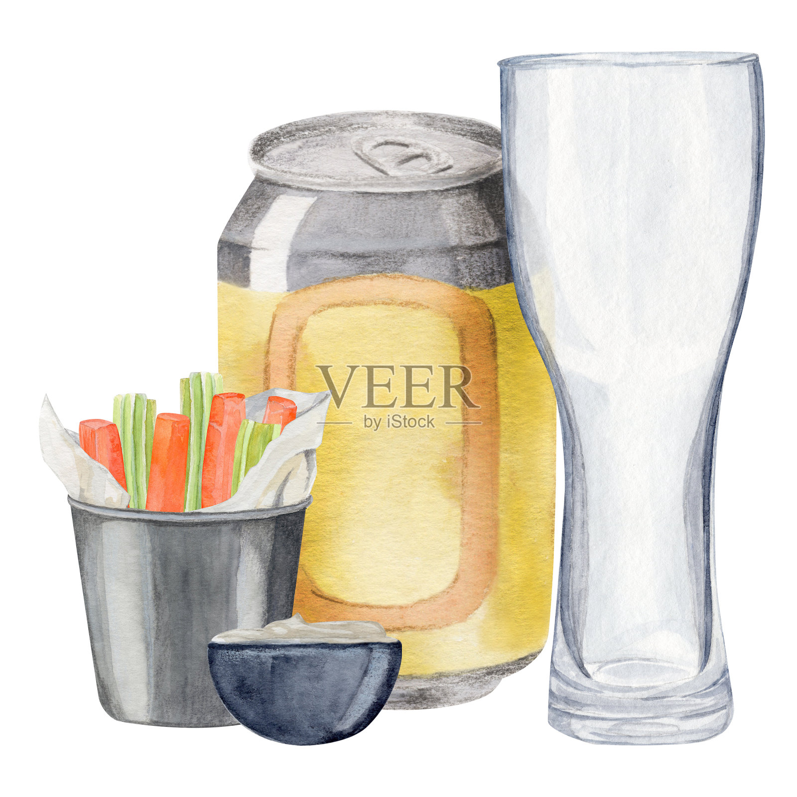 啤酒罐由装啤酒的玻璃和装胡萝卜、芹菜和酱汁的零食桶组成。水彩插图插画图片素材