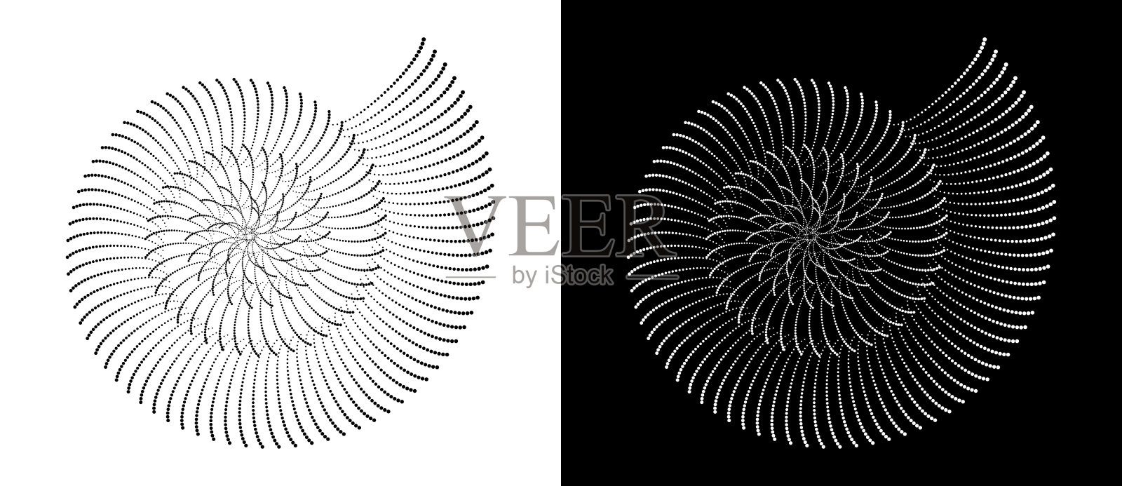半色调圆点呈螺旋状。现代抽象背景。设计元素或图标,标志。黑色的形状在白色的背景和相同的白色形状在黑色的一面。插画图片素材