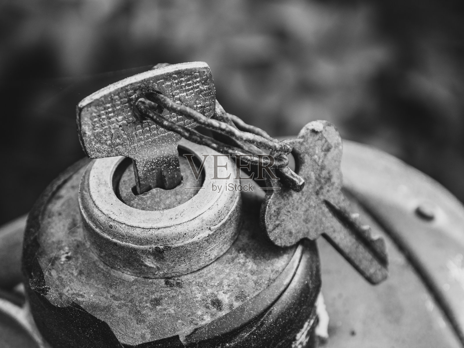 老式金属钥匙插入点火锁在黑白选择性聚焦照片摄影图片