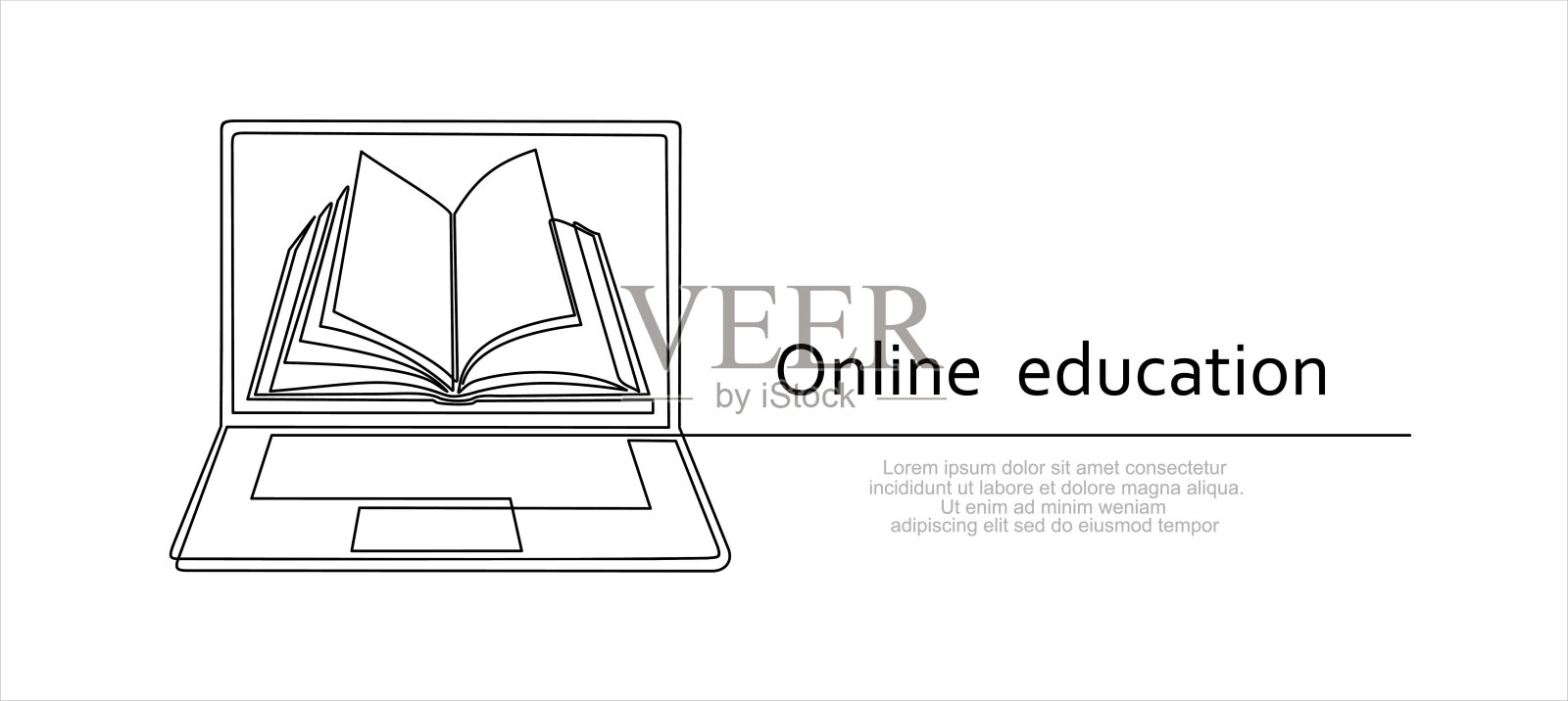 在计算机上画一本书的连续线条或单线。现代教育和技术的矢量插图。在线教育。插画图片素材
